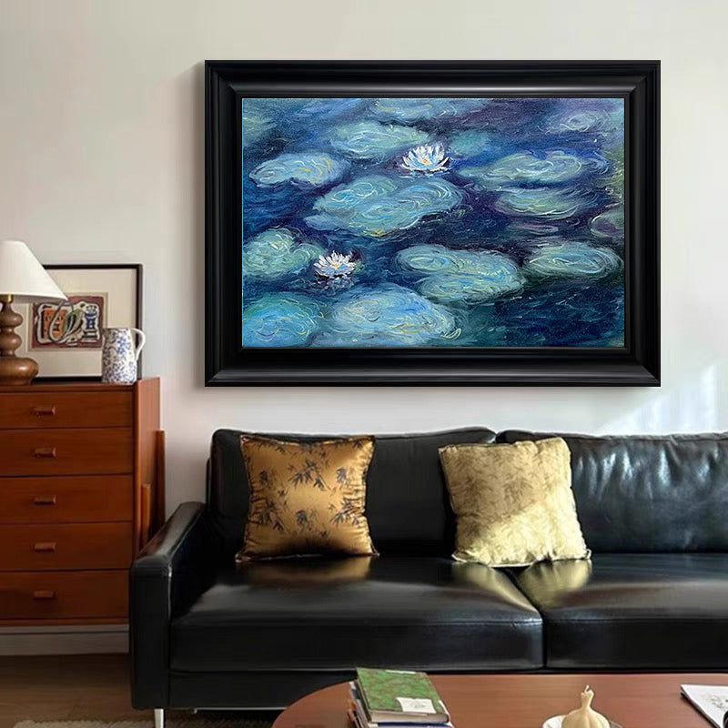 Deep Water Bloom: Monet-Esque Lilies, Deep Blue Landscape #BGA 189