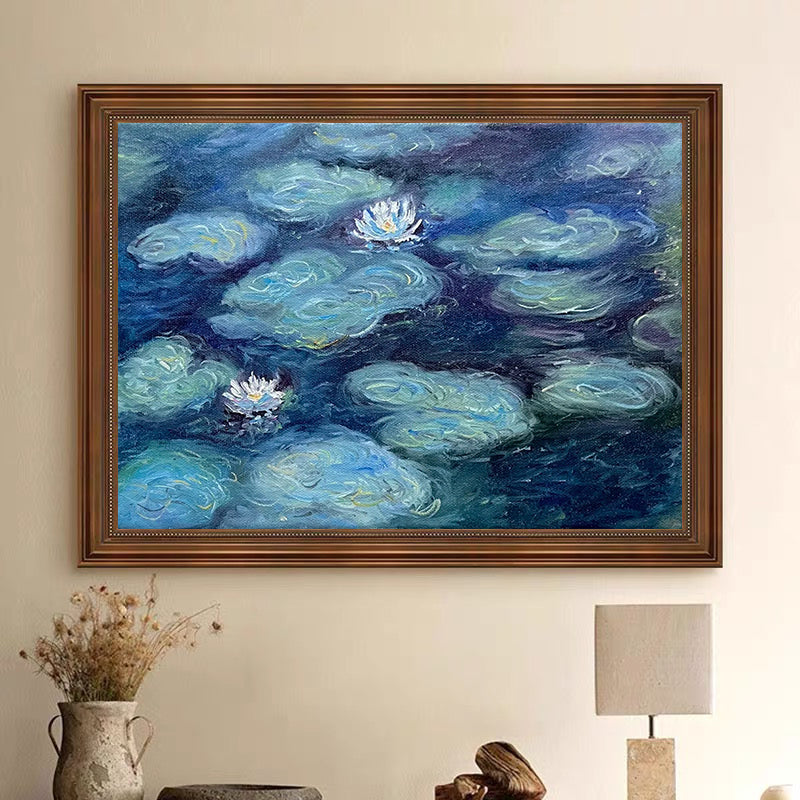 Deep Water Bloom: Monet-Esque Lilies, Deep Blue Landscape #BGA 189