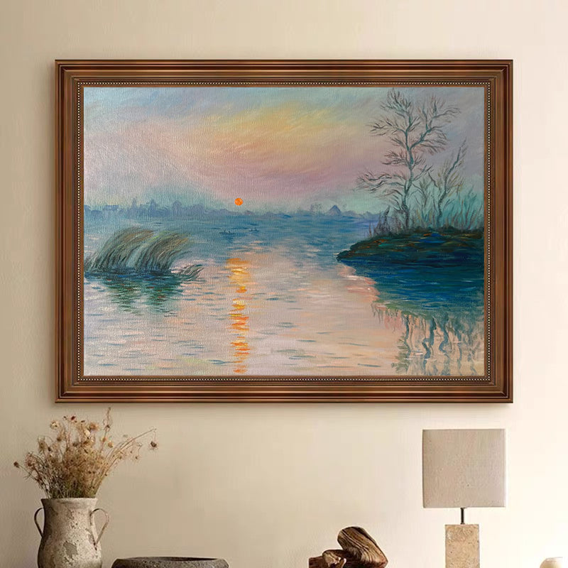 Shoreline Hues: Monet-Style Sunset, Atmospheric Water Art #BGA 191