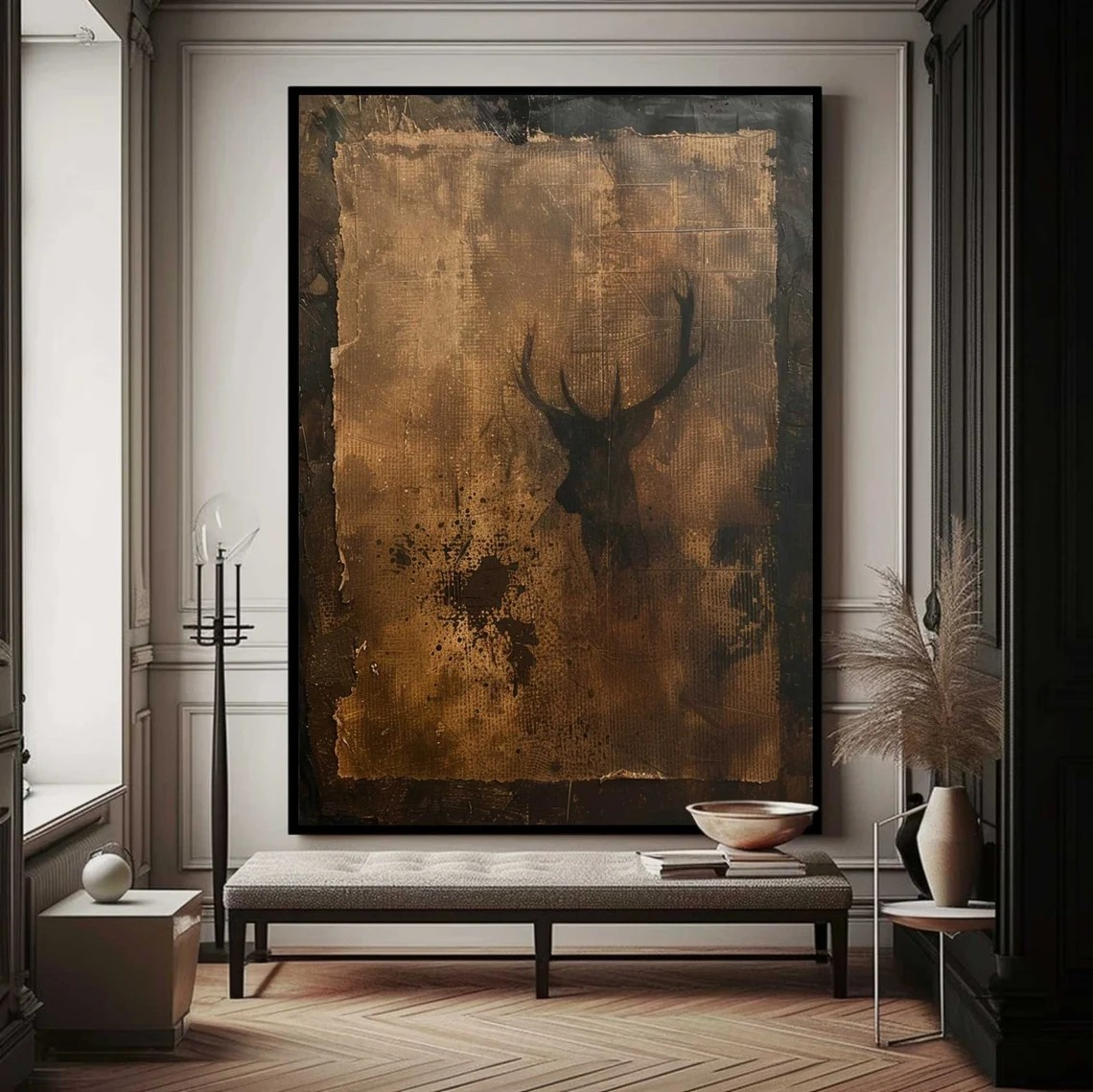 Wabi-Sabi Textured Canvas with Deer Abstract, Rustic Wall Art #BGA 134