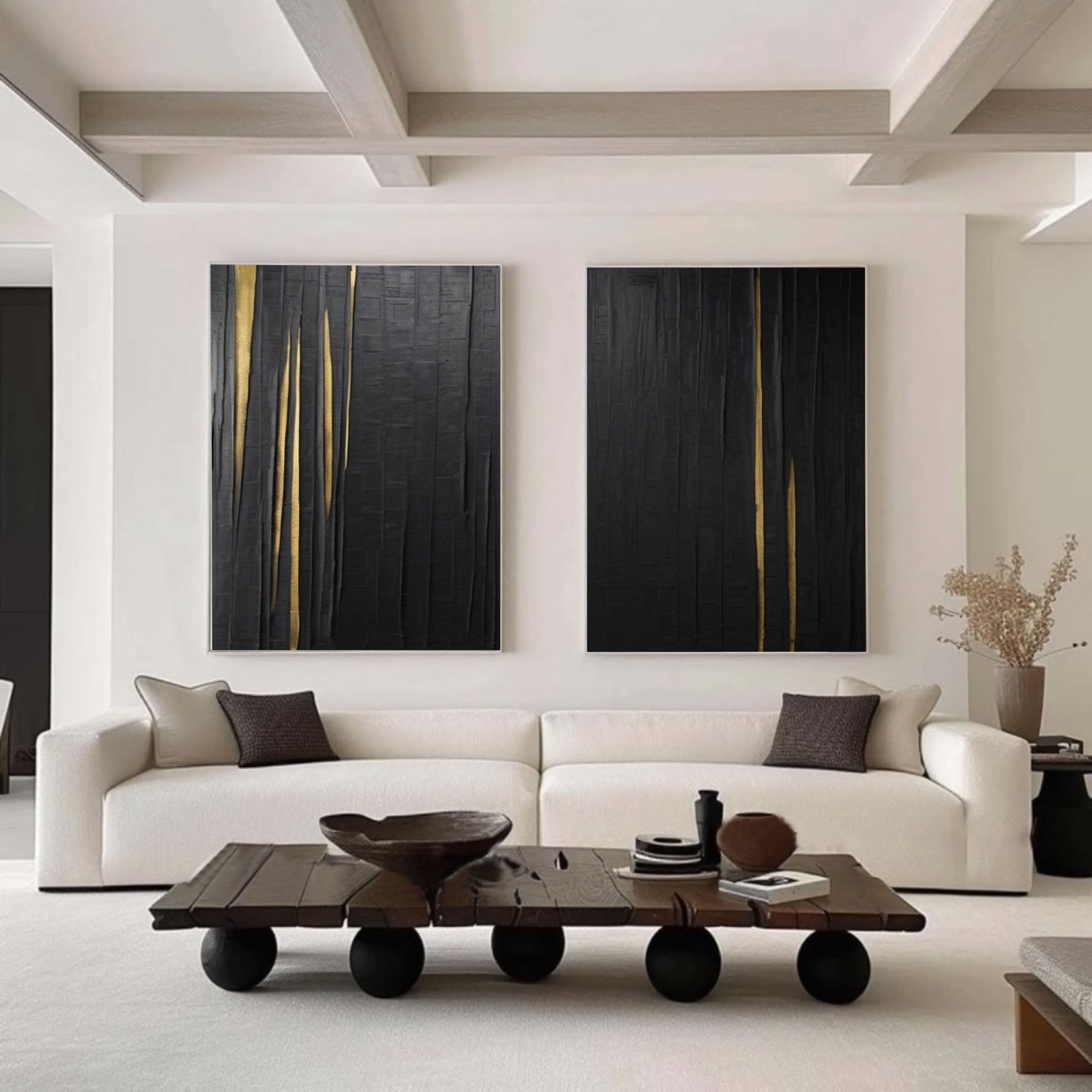 Textured Black Abstract Art Diptych with Vertical Gold Inlays #BGA 291