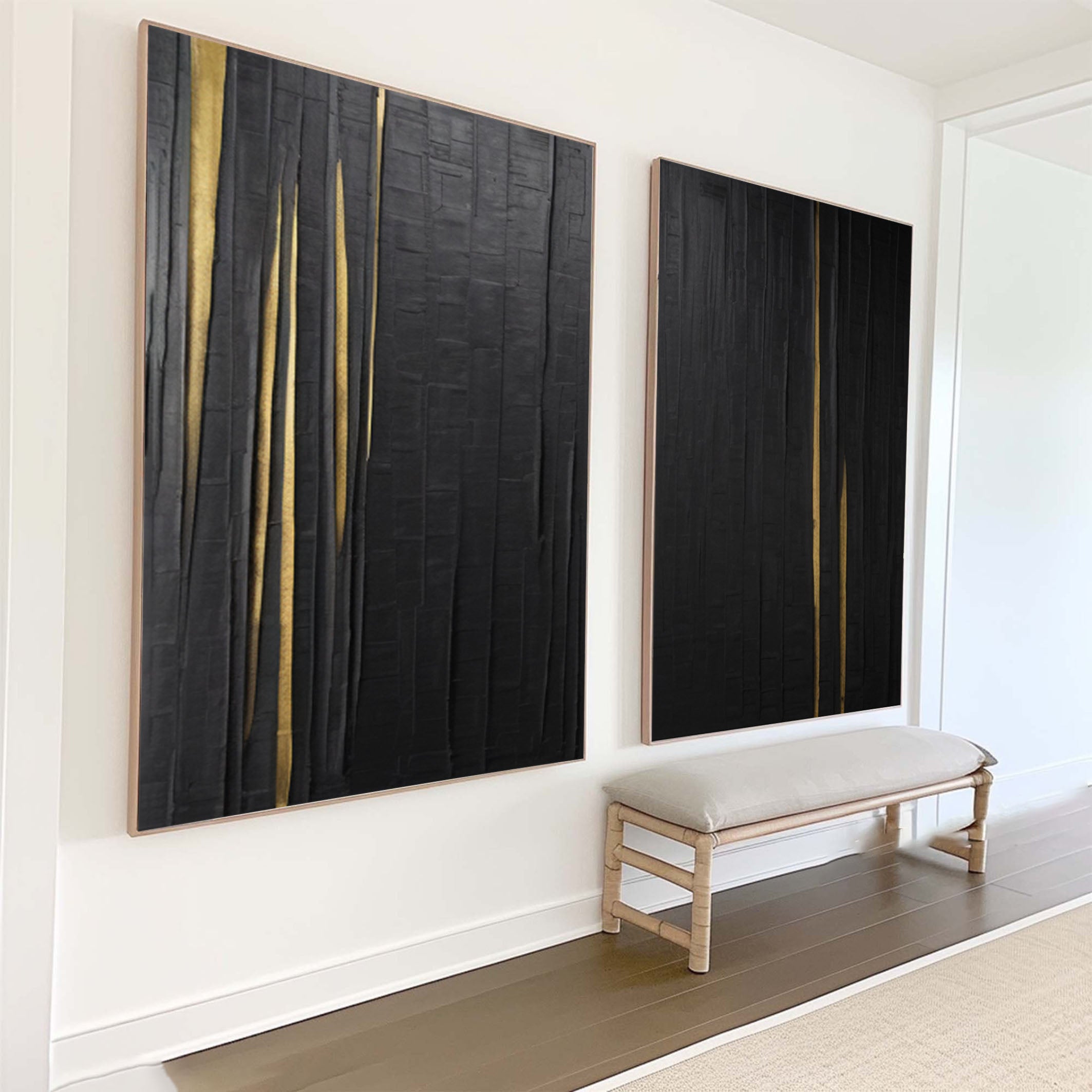 Textured Black Abstract Art Diptych with Vertical Gold Inlays #BGA 291