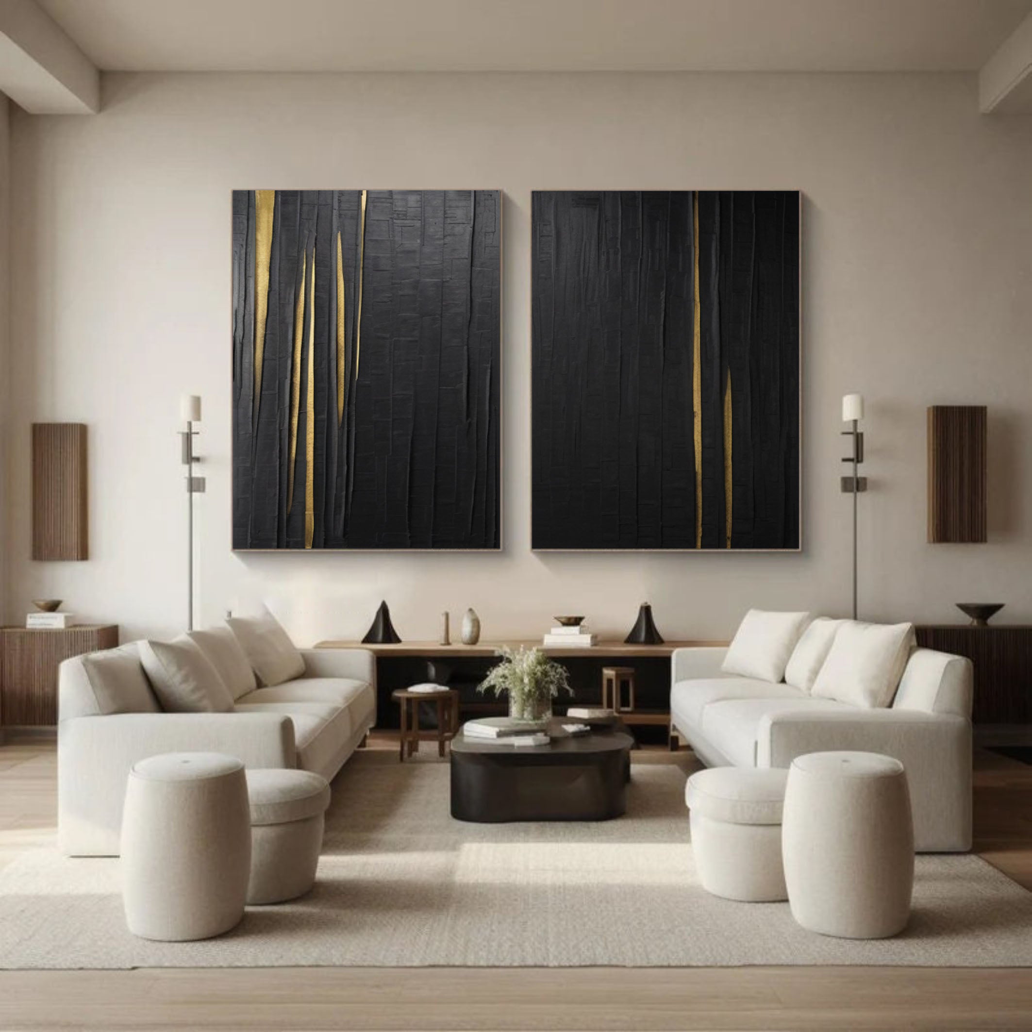 Textured Black Abstract Art Diptych with Vertical Gold Inlays #BGA 291