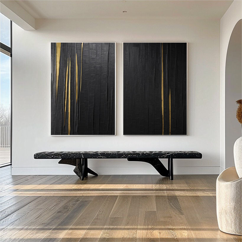 Textured Black Abstract Art Diptych with Vertical Gold Inlays #BGA 291