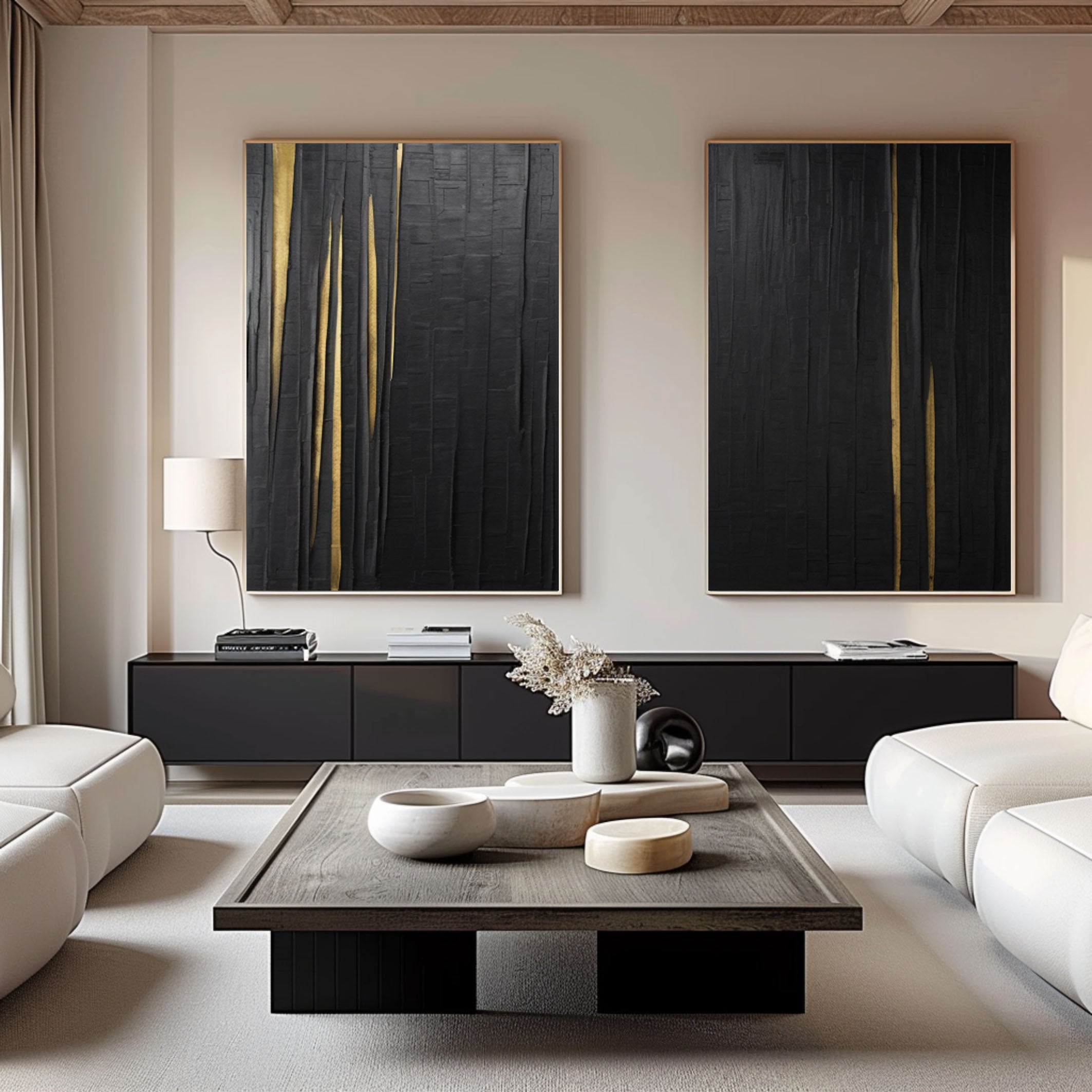 Textured Black Abstract Art Diptych with Vertical Gold Inlays #BGA 291