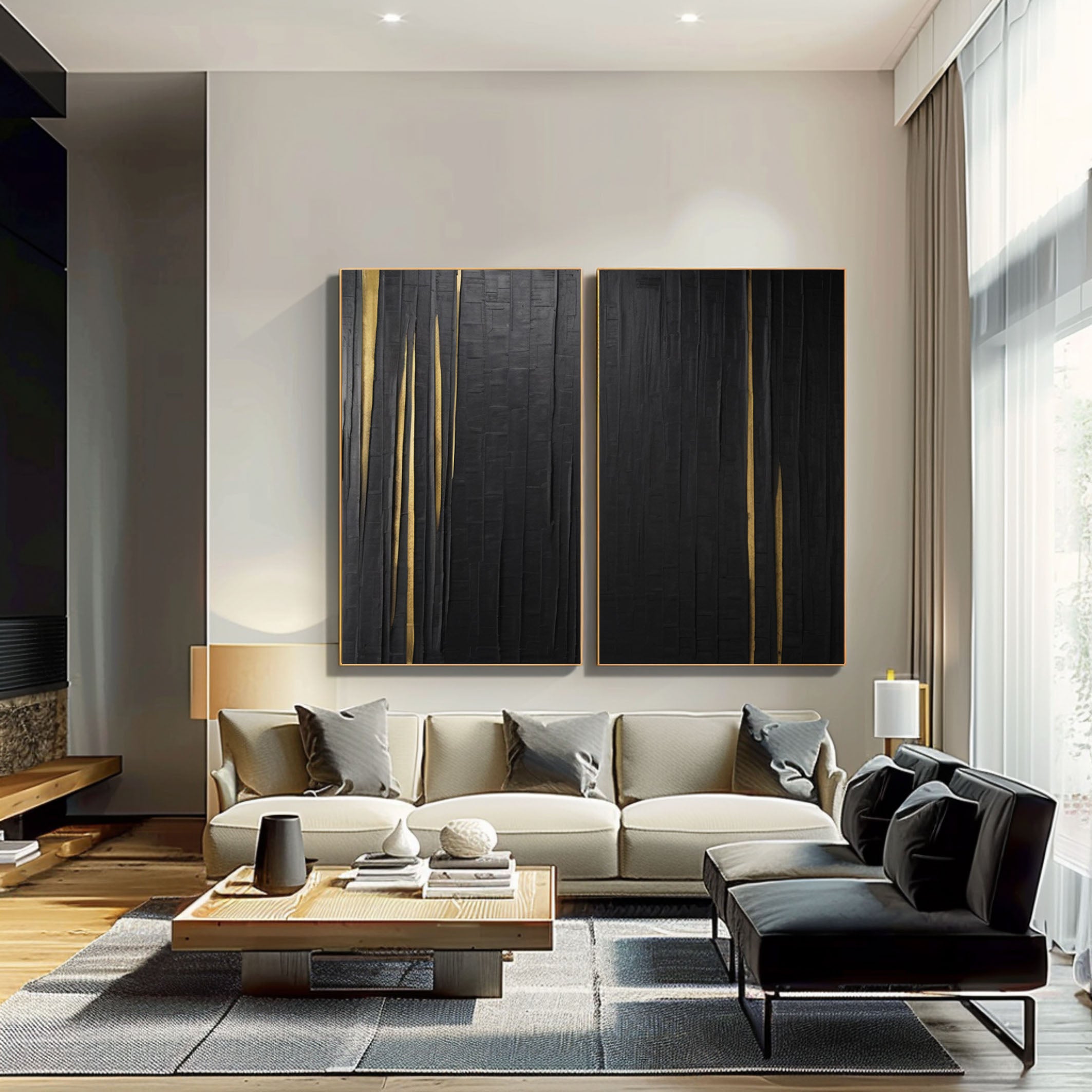 Textured Black Abstract Art Diptych with Vertical Gold Inlays #BGA 291