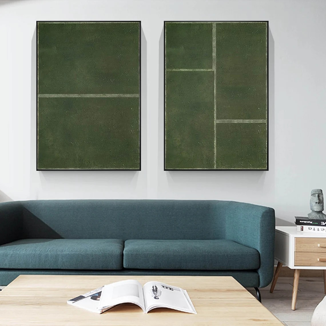 Green Geometric Diptych, Minimalist Abstract Art Set Of 2 #BGA 137