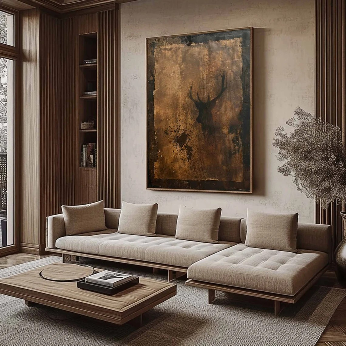 Wabi-Sabi Textured Canvas with Deer Abstract, Rustic Wall Art #BGA 134