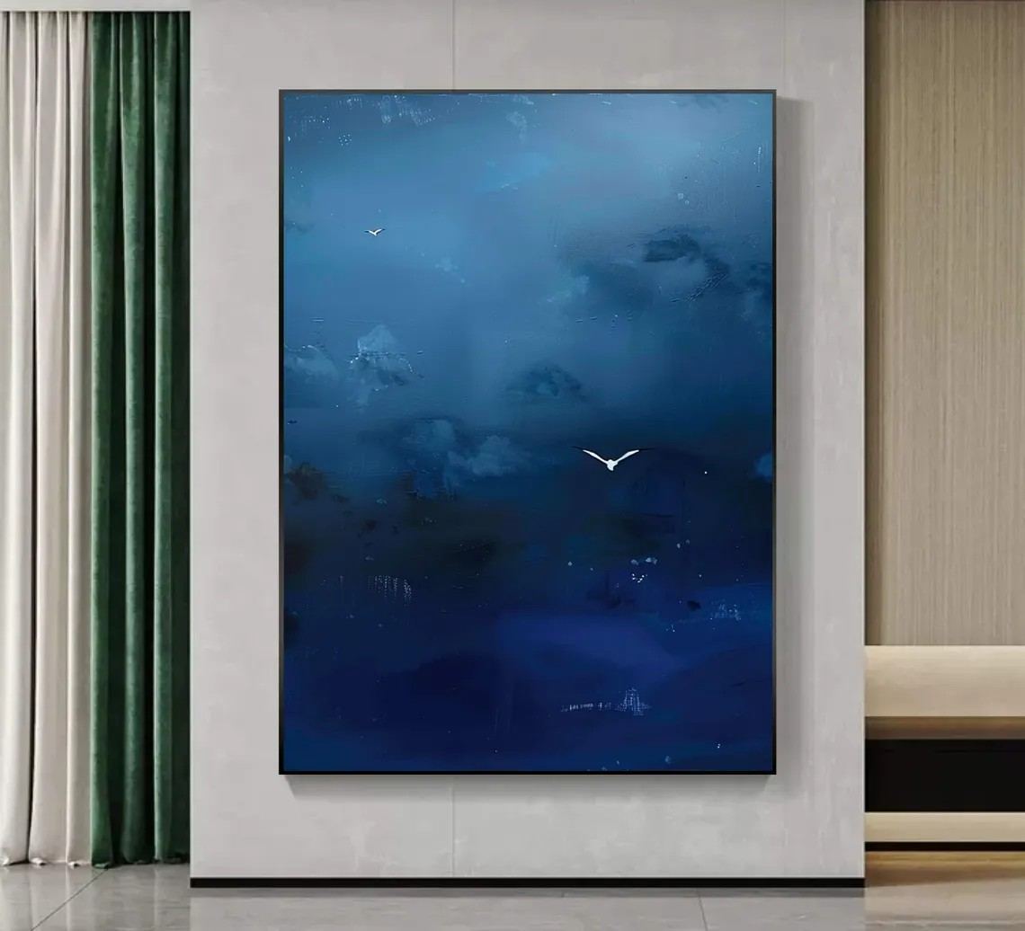 Dark Blue Sky Art With Minimalist Bird, Surreal Modern Decor #BGA 148