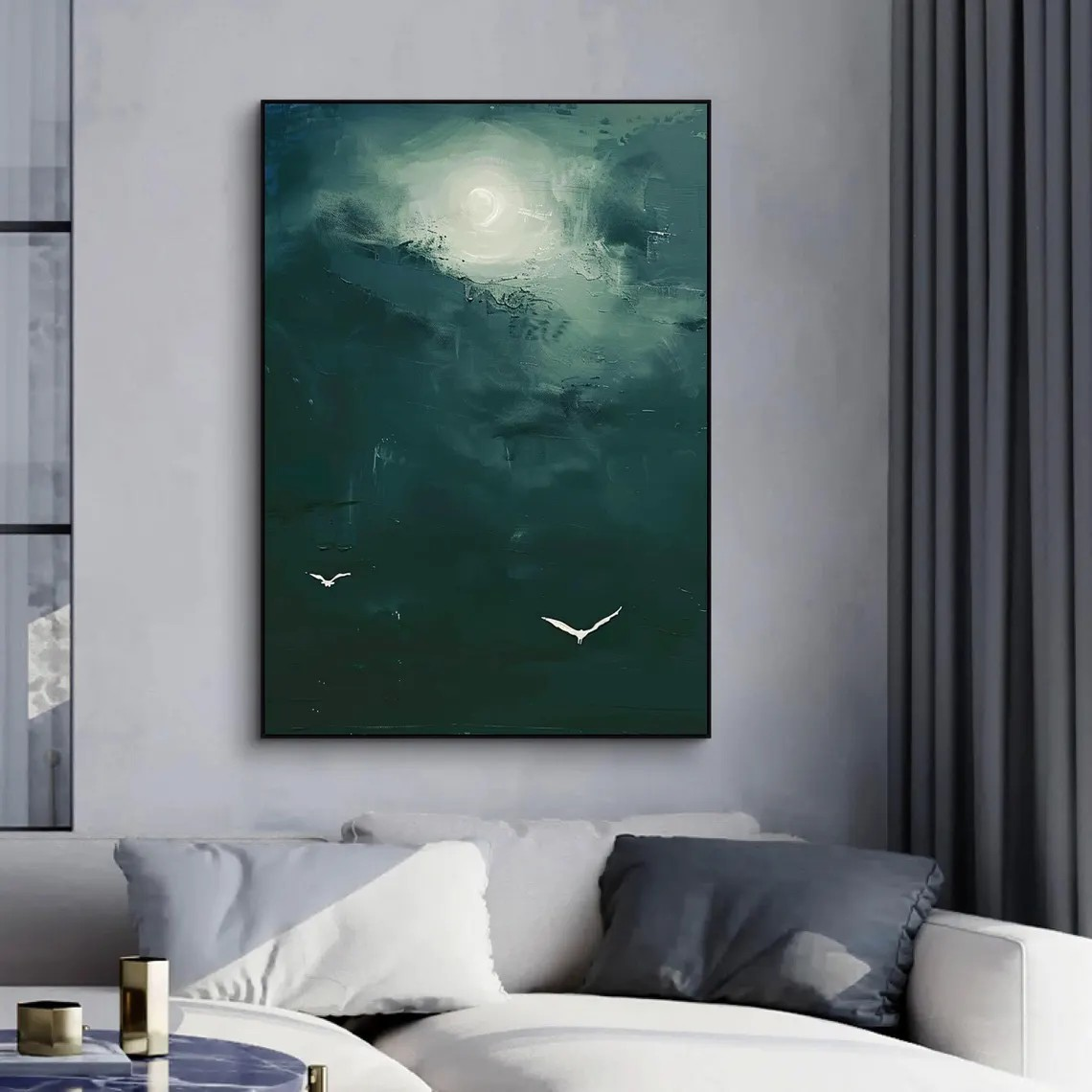 Modern Bird Art, Atmospheric Green Sky, Unique Wall Decor #BGA 149