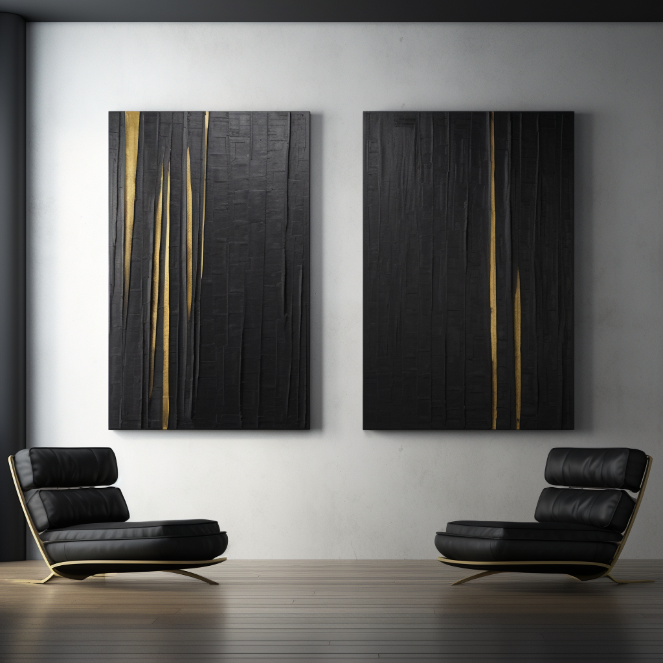 Textured Black Abstract Art Diptych with Vertical Gold Inlays #BGA 291