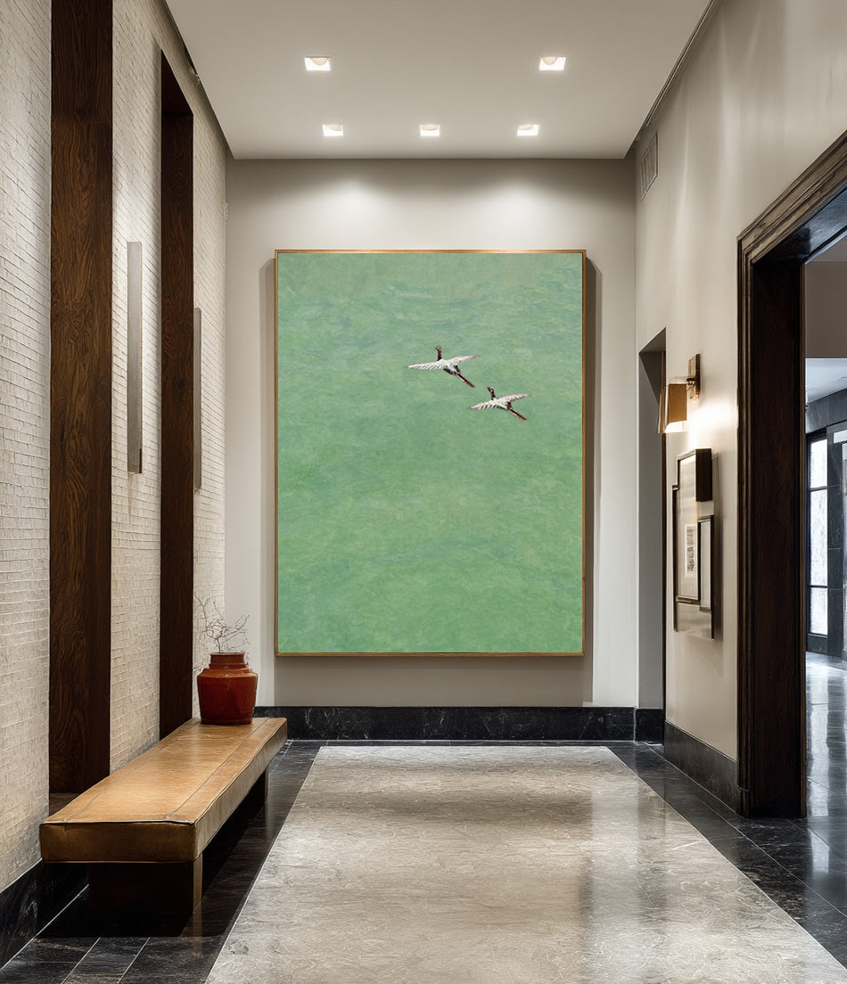 Two Birds Abstract Landscape - Textured Green Wall Decor #WG 085