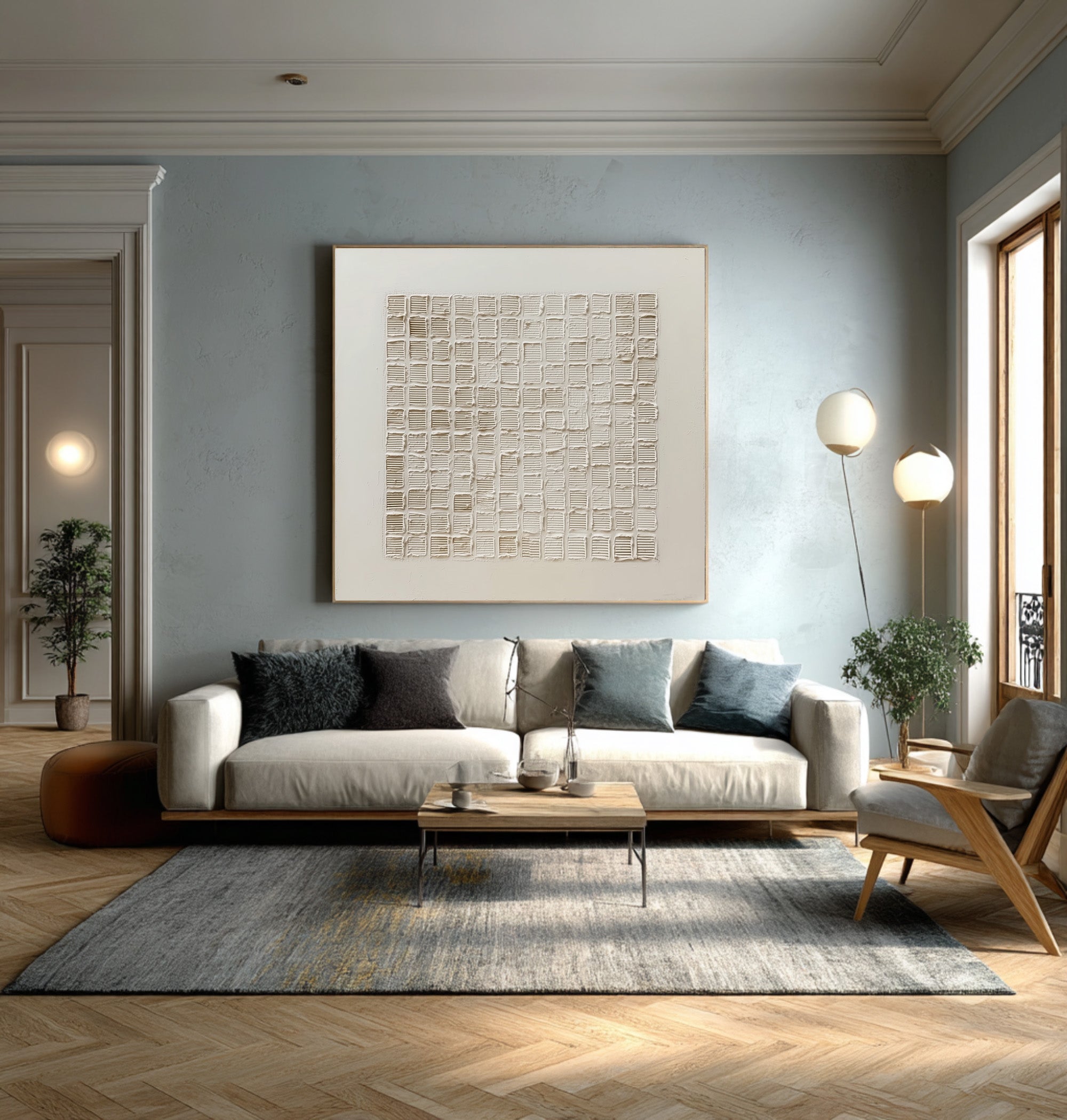 Modern Textured Wall Art White Cream Square Decor #WG 055
