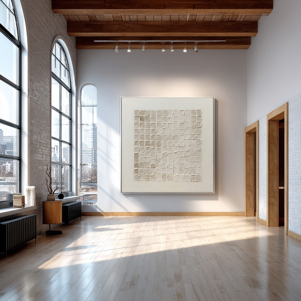 Modern Textured Wall Art White Cream Square Decor #WG 055
