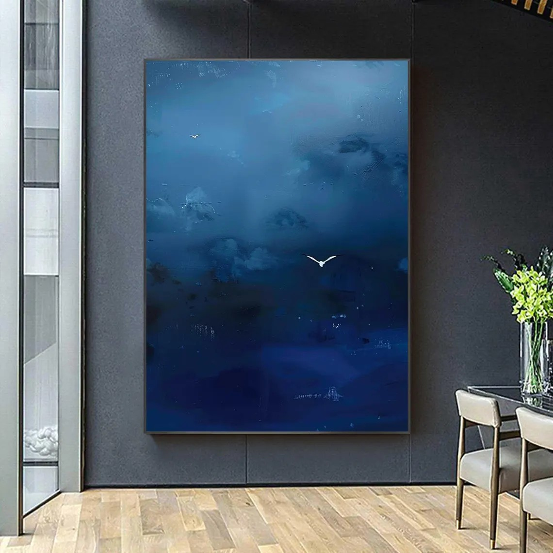 Dark Blue Sky Art With Minimalist Bird, Surreal Modern Decor #BGA 148