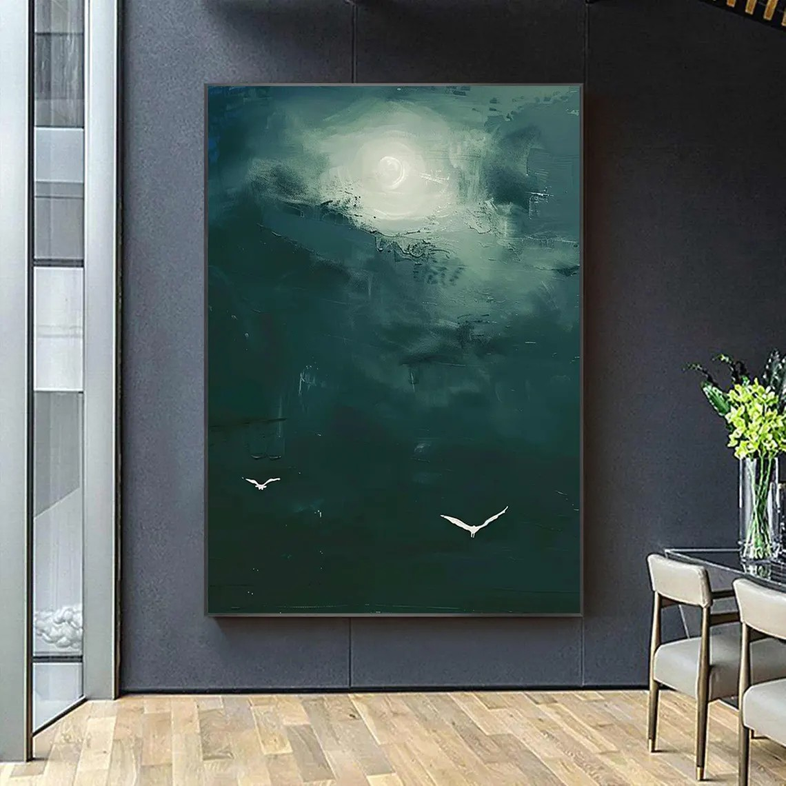 Modern Bird Art, Atmospheric Green Sky, Unique Wall Decor #BGA 149