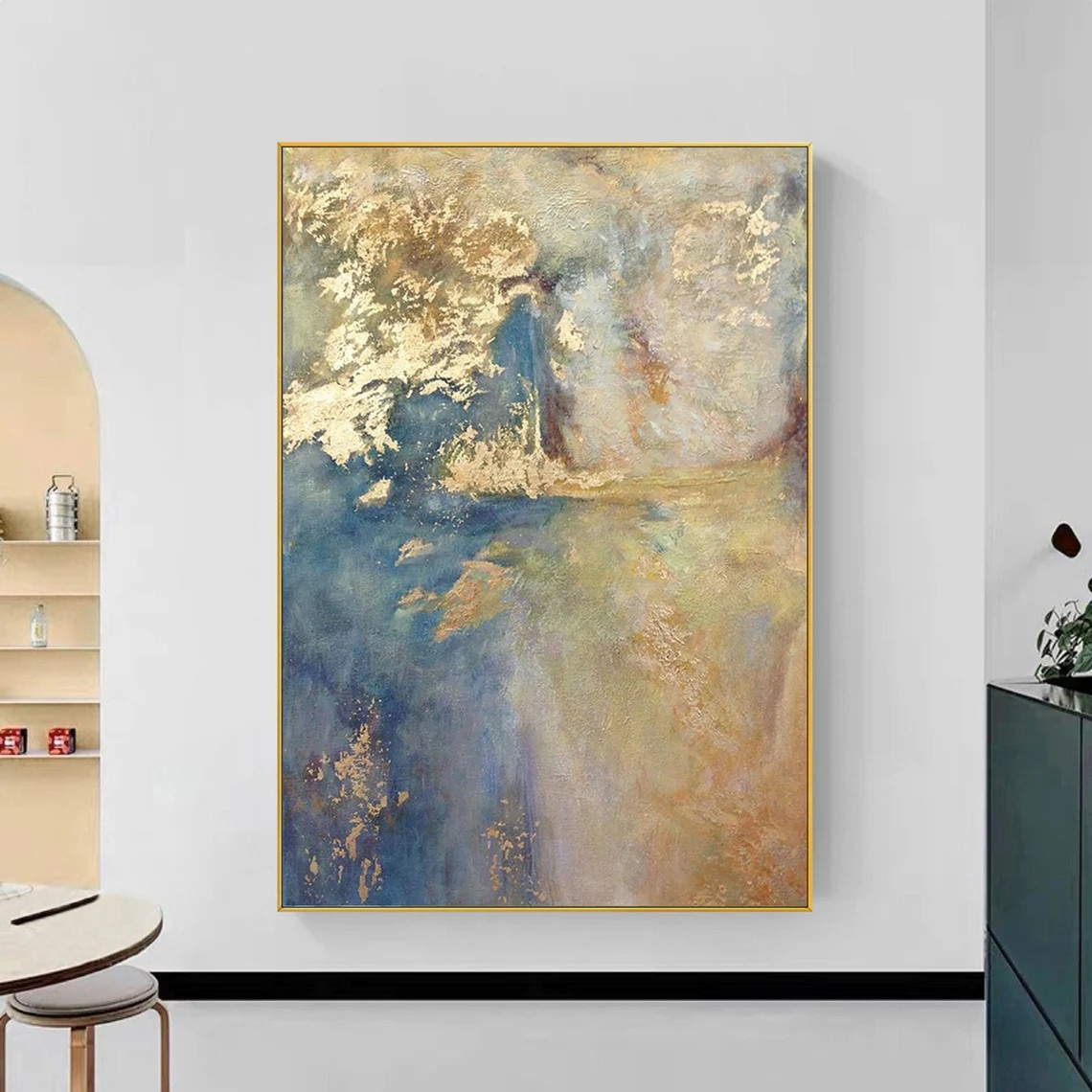 Modern Light Blue and Gold Art, Metallic Accents Canvas #BGA 147