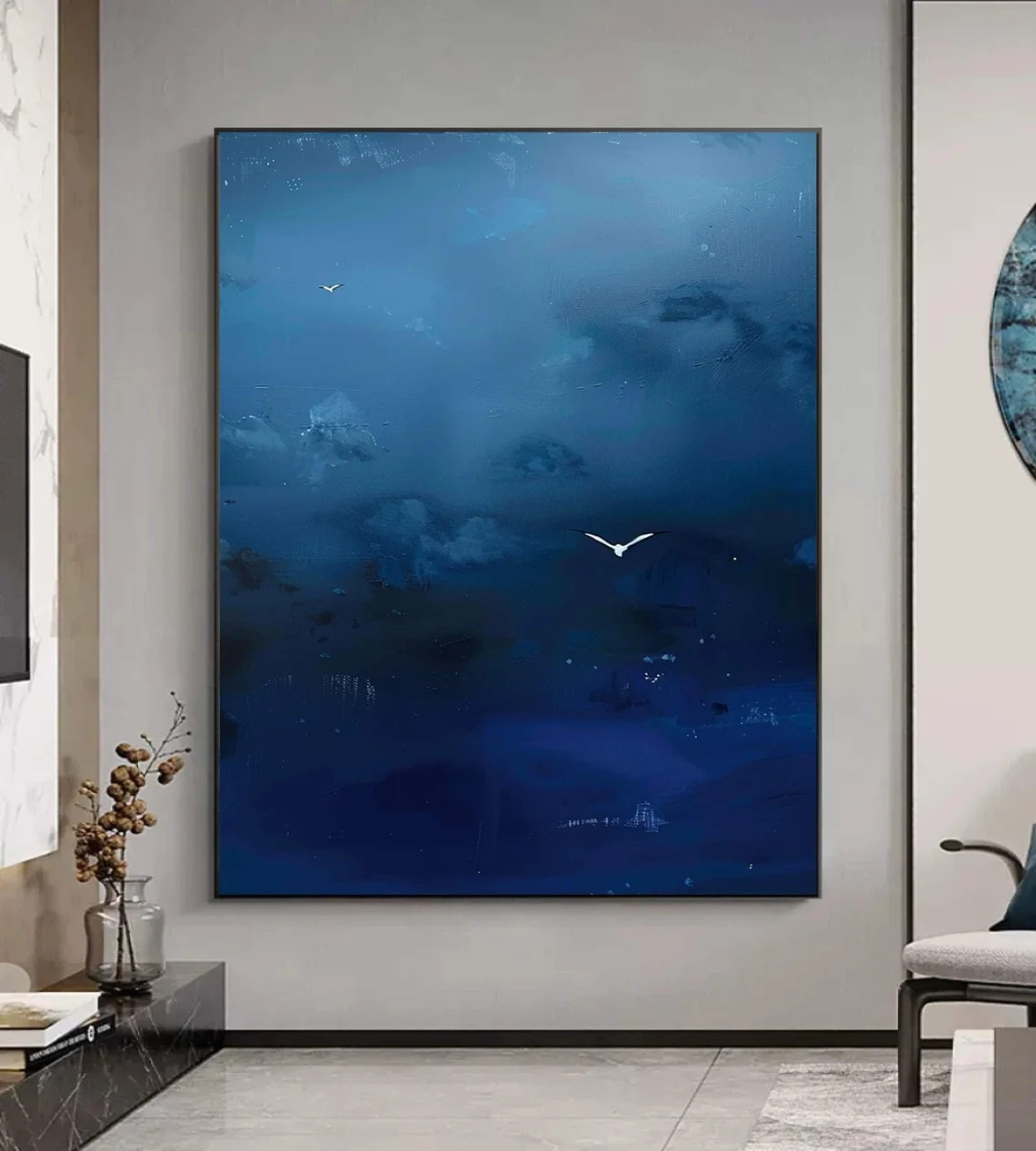 Dark Blue Sky Art With Minimalist Bird, Surreal Modern Decor #BGA 148