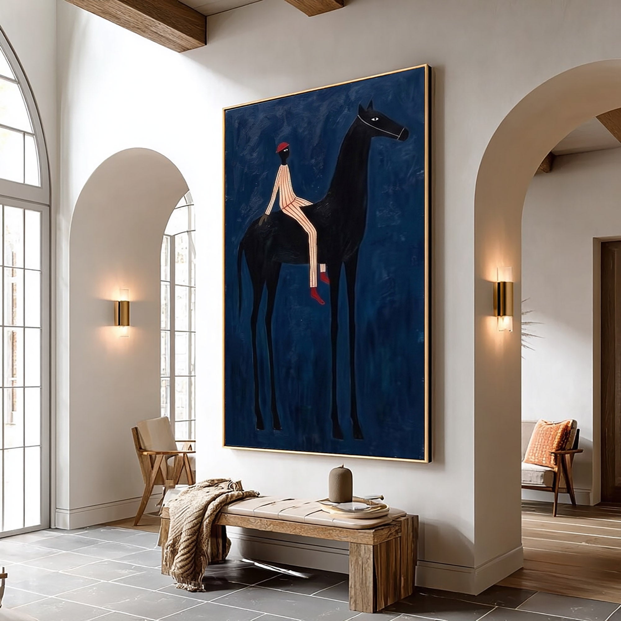 Large Cowboy Wall Art Modern Equestrian Horse Painting Midnight Rider