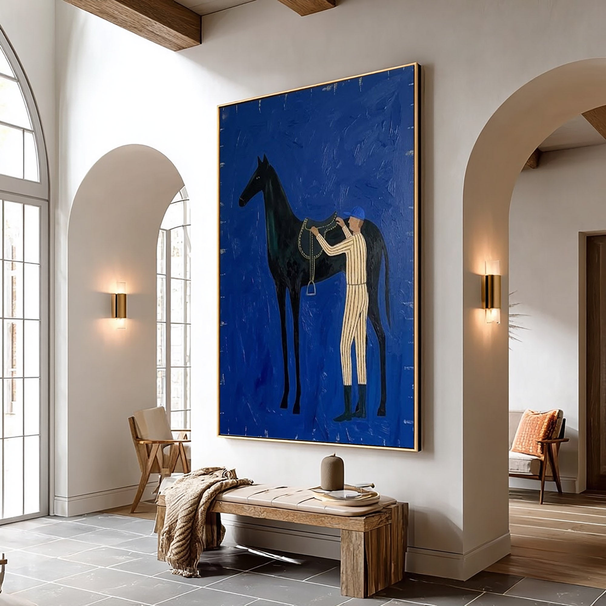 Large Abstract Cowboy Equestrian Oil Painting Blue Wall Art