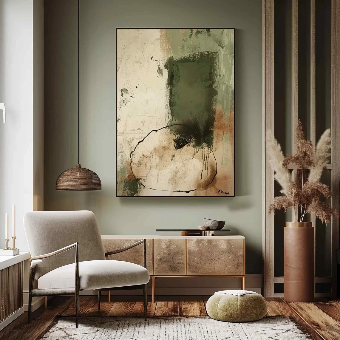 Green & Beige Abstract Painting, Wabi-Sabi Inspired Wall Art #BGA 141