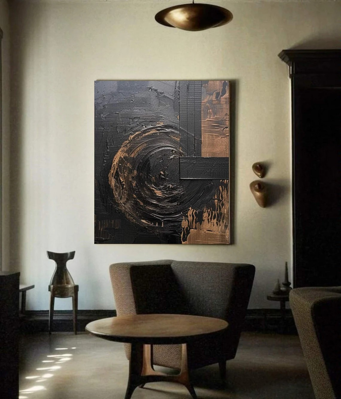 Dramatic Black and Bronze Wall Art, Textured Canvas #BGA 144