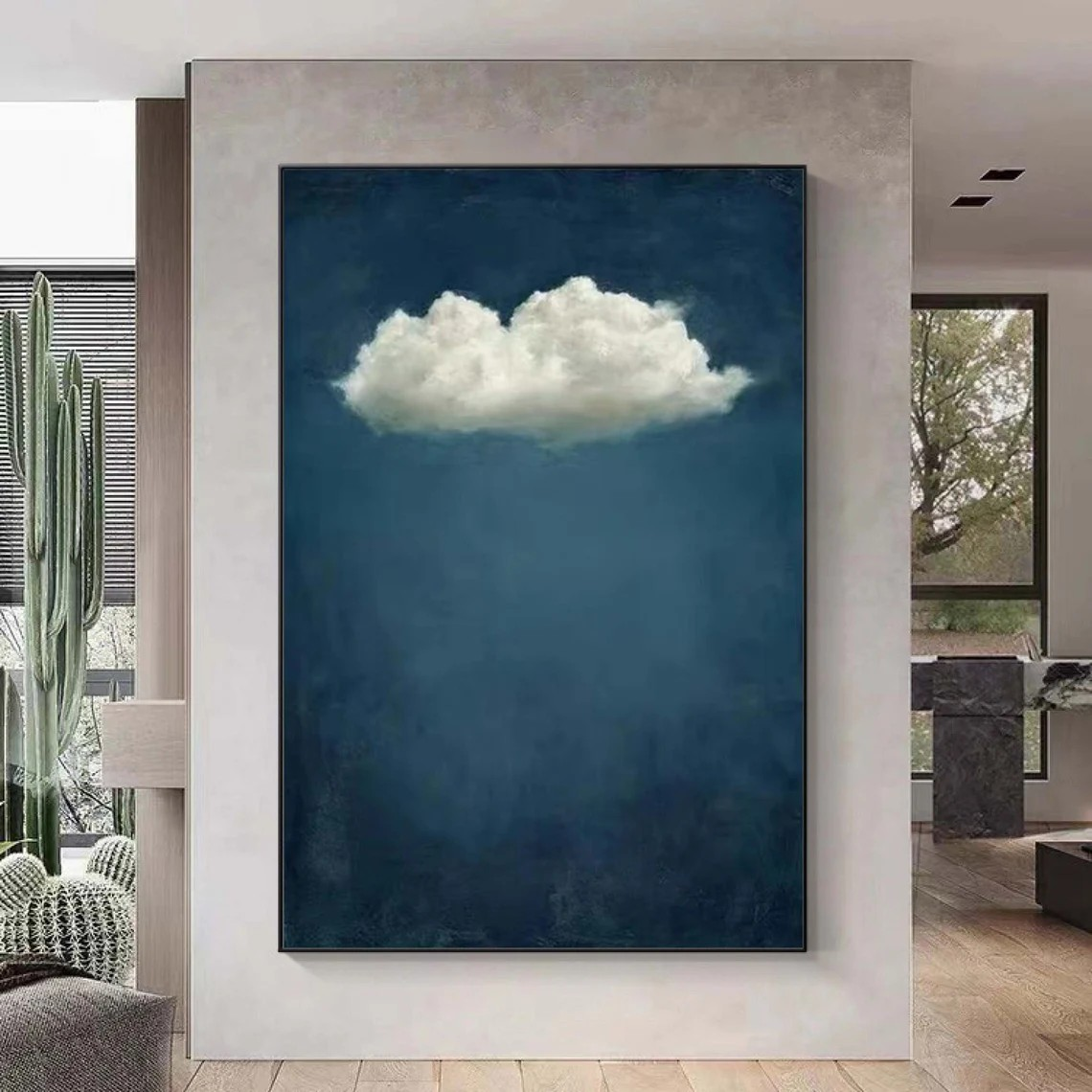 Minimalist Cloudscape Canvas, Deep Emerald Blue Wall Art #BGA 161