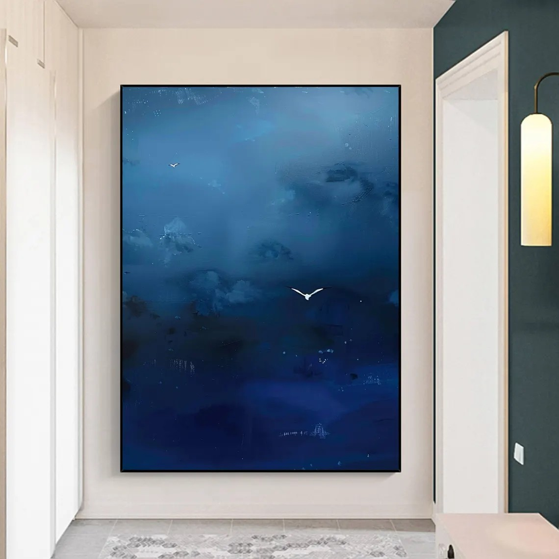 Dark Blue Sky Art With Minimalist Bird, Surreal Modern Decor #BGA 148
