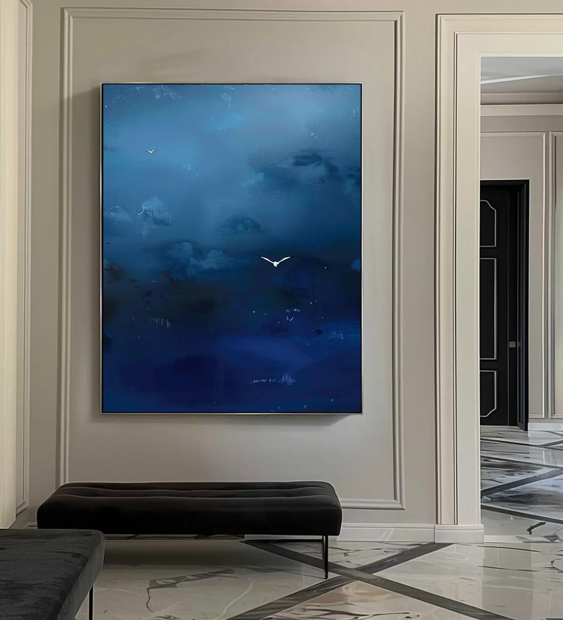 Dark Blue Sky Art With Minimalist Bird, Surreal Modern Decor #BGA 148