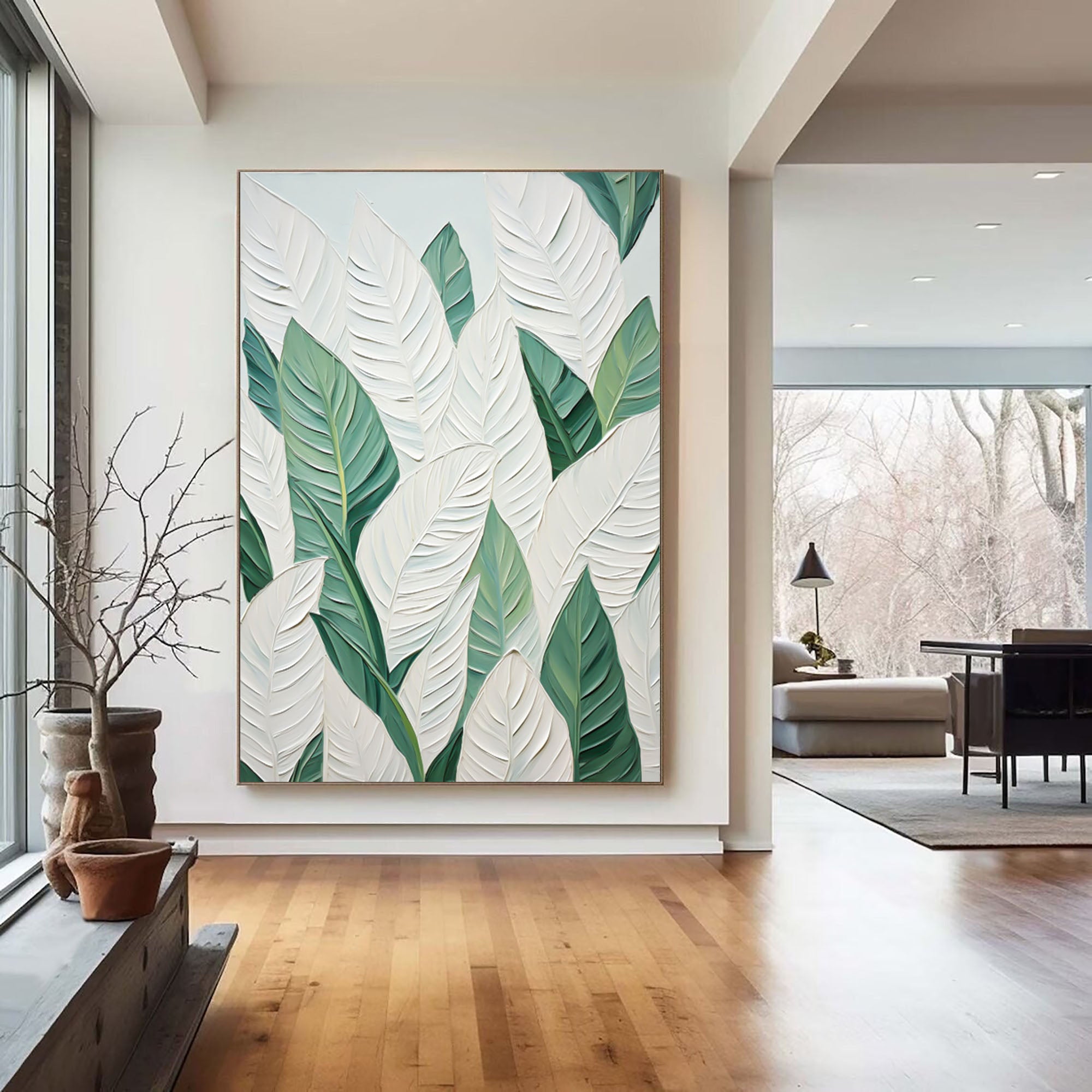 Leaf Symphony: Green and White Botanical Wall Art #BGM 048