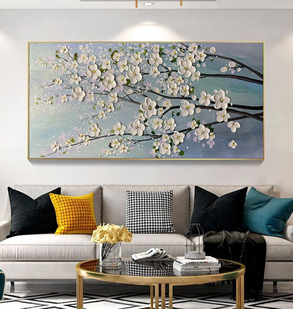 Modern Floral Wall Art with White Blossoms #BGA 048