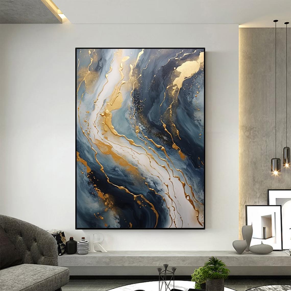 Elegant Flow Abstract Wall Art in Blue and Gold #BGA 056