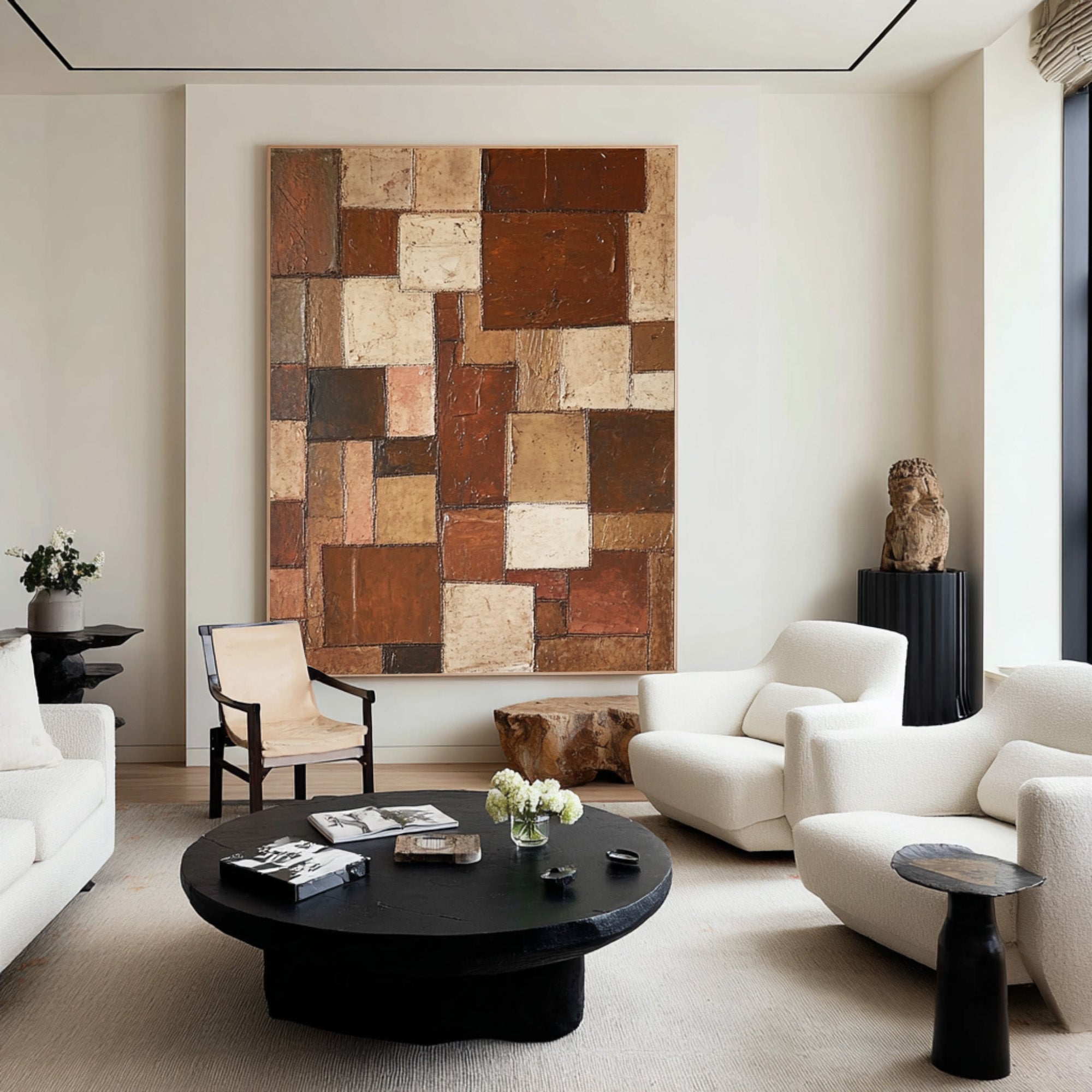 Large Geometric Abstract Oil Painting in Earth Tones, Vertical Contemporary Wall Art for Entryway #WAC 003