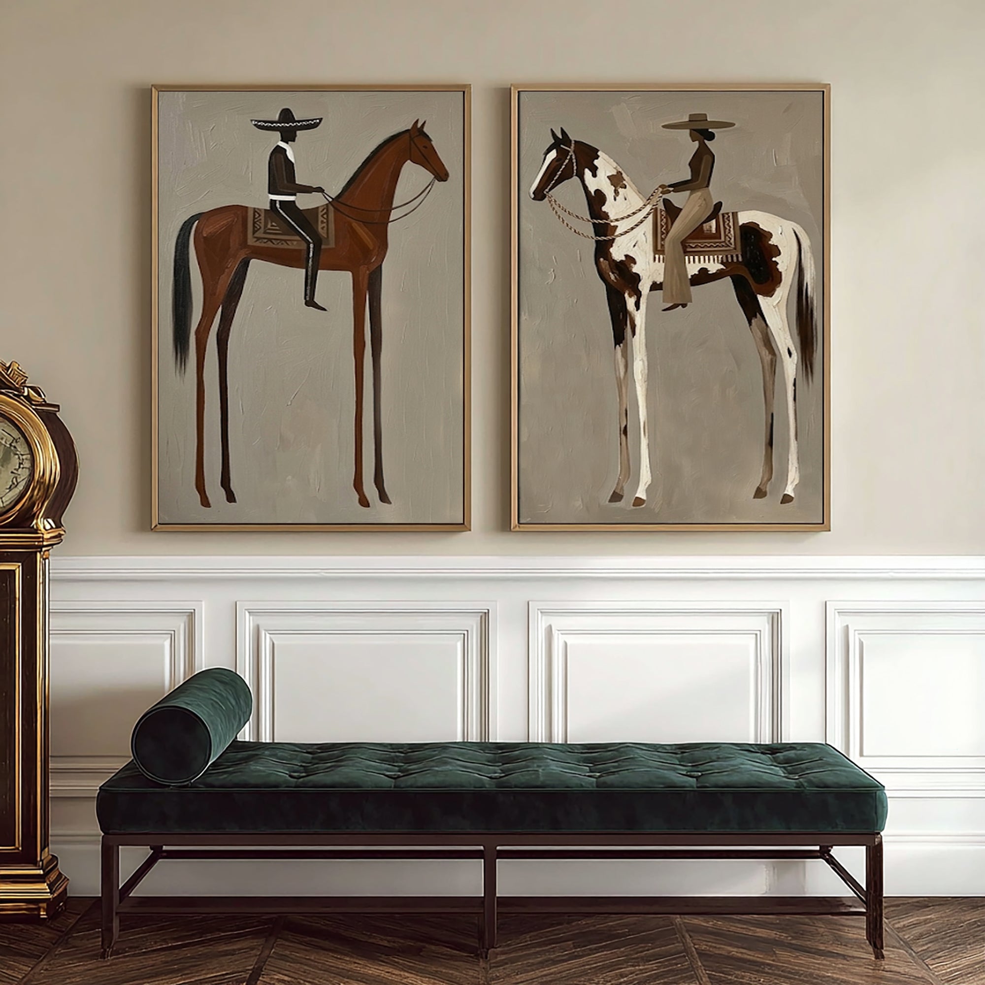 Large Cowboy Horse Wall Art Contemporary Western Diptych Canvas Painting