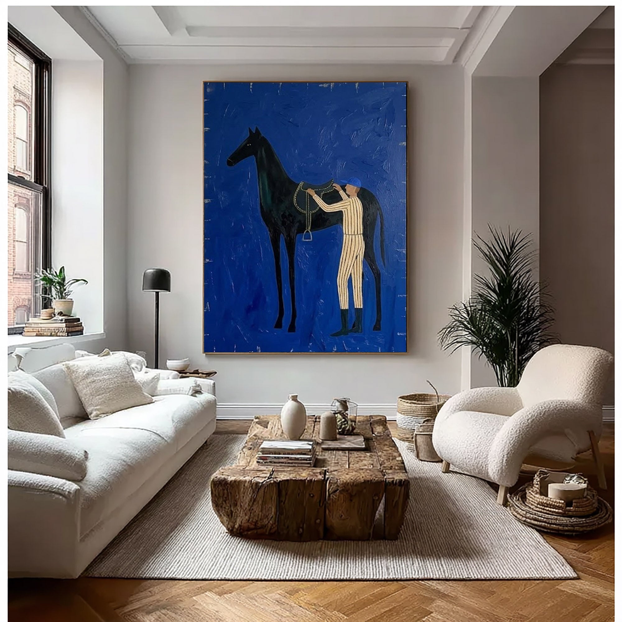 Large Abstract Cowboy Equestrian Oil Painting Blue Wall Art