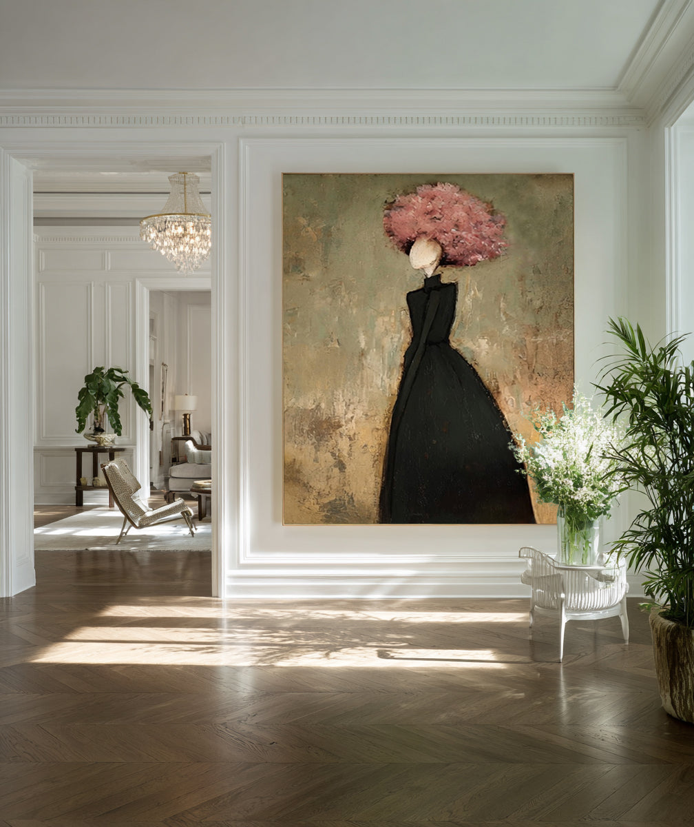 Large Floral Woman Wall Art Black Dress Portrait Oil Painting Modern Abstract Figurative Contemporary Decor