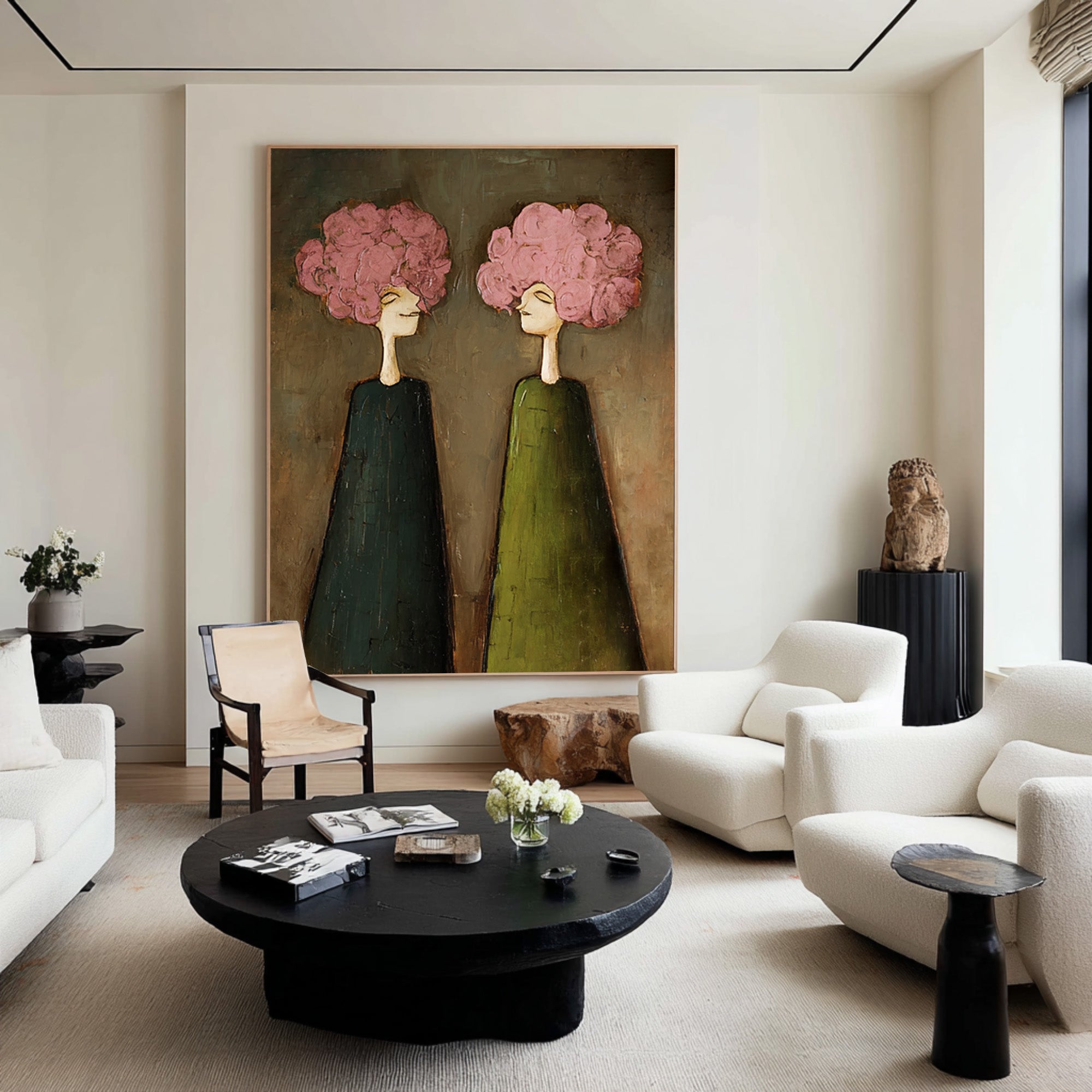 Large Pink Floral Portrait Oil Painting on Canvas – Modern Green Dress Wall Art #WAC 041