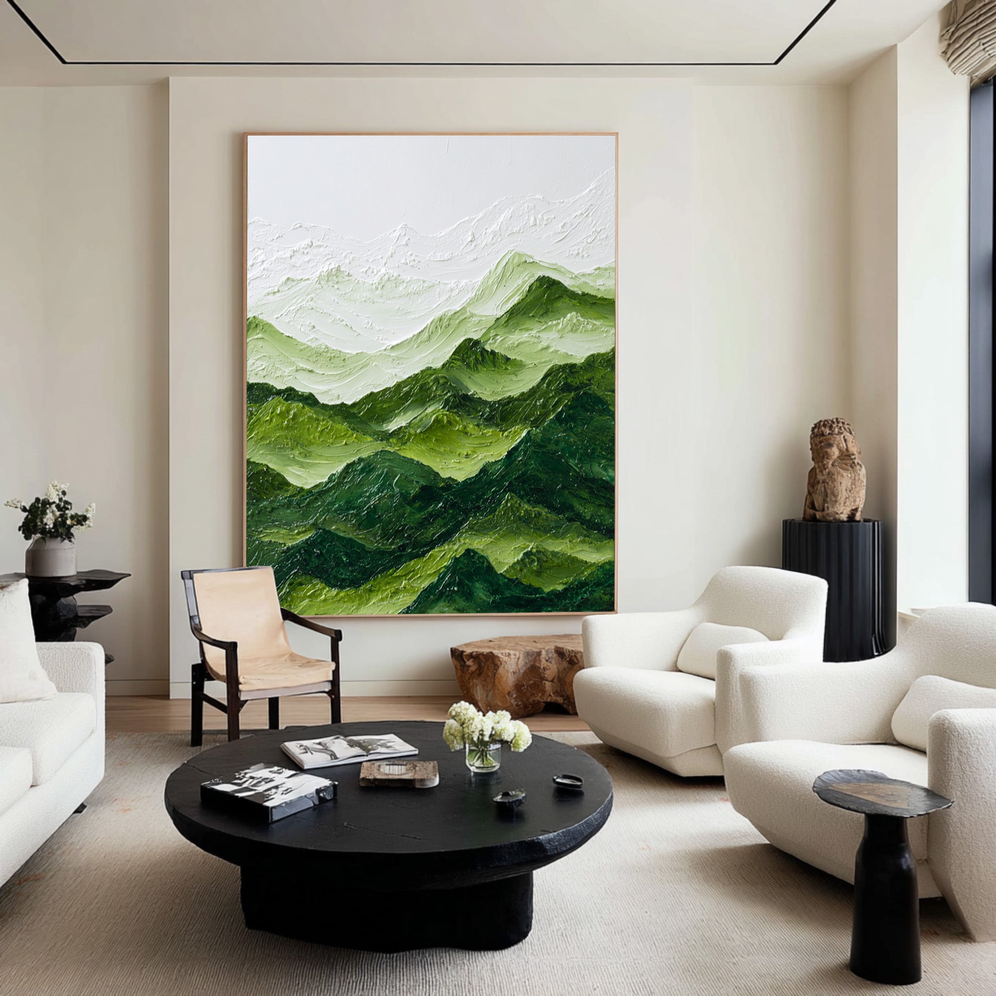 Large Textured Abstract Oil Painting, Green Mountain Landscape Wall Art for Modern Living Room #WAC 005