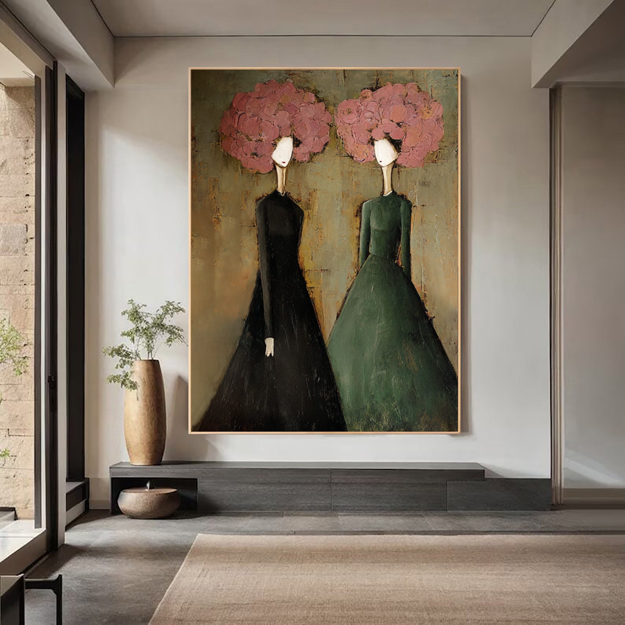 Large Modern Portrait Oil Painting on Canvas – Green Figurative Statement Wall Art #WAC 037
