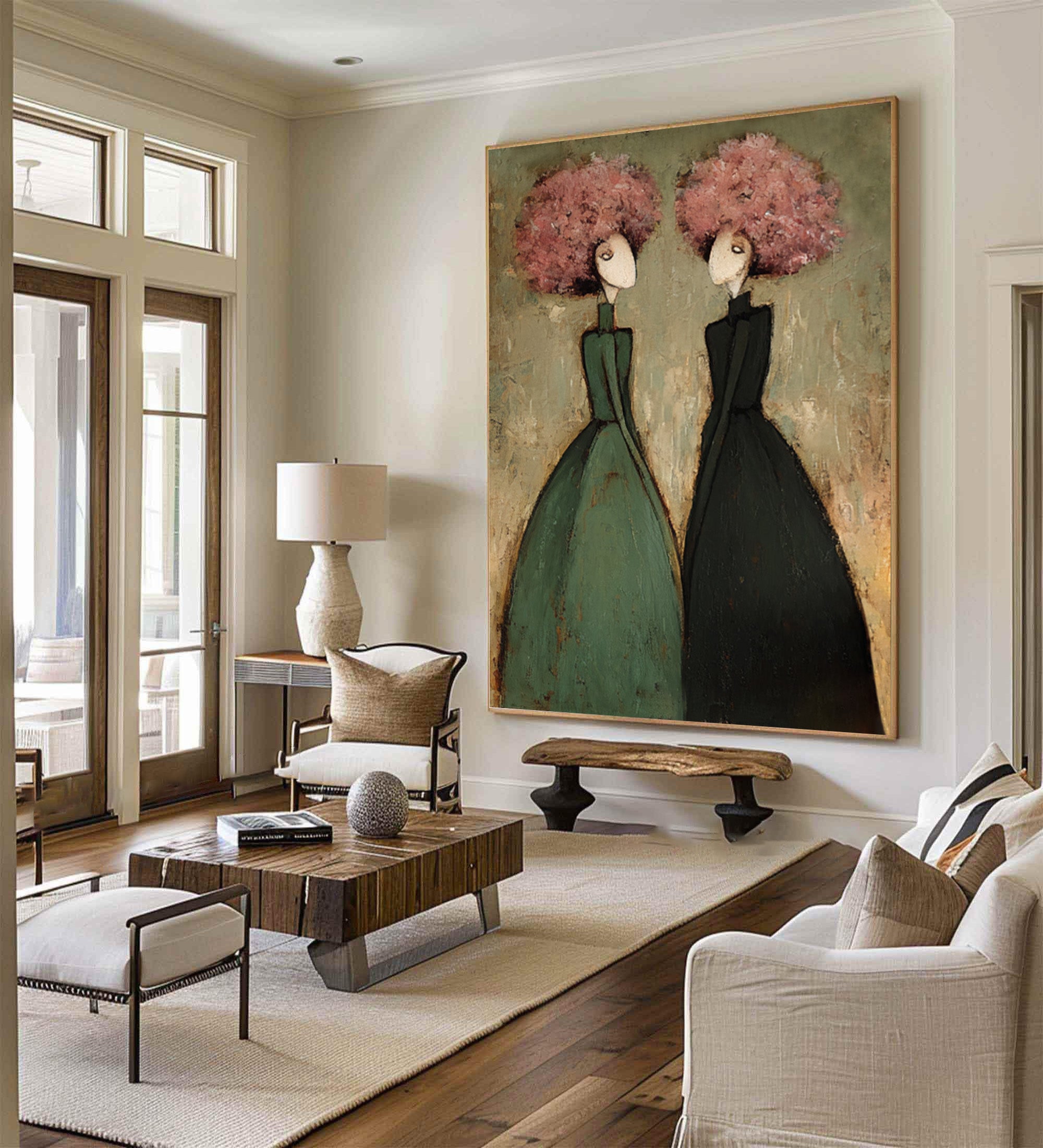 Large Contemporary Portrait Oil Painting on Canvas – Green and Pink Modern Wall Art #WAC 035