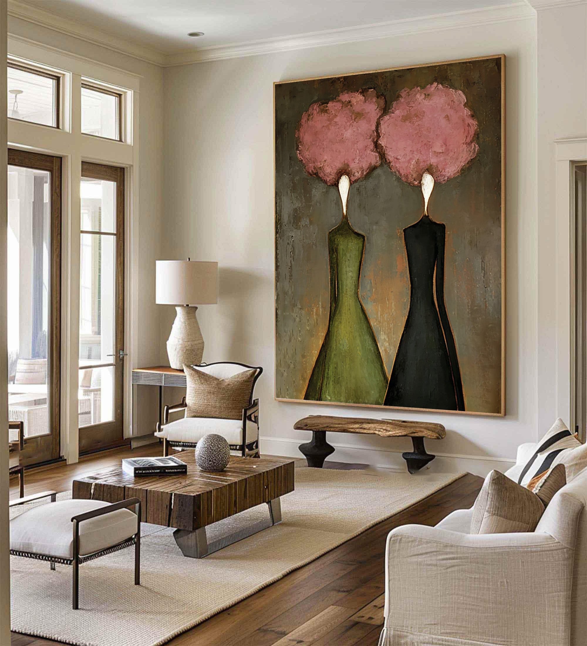 Large Abstract Pink Portrait Oil Painting – Modern Figurative Statement Wall Art #WAC 036