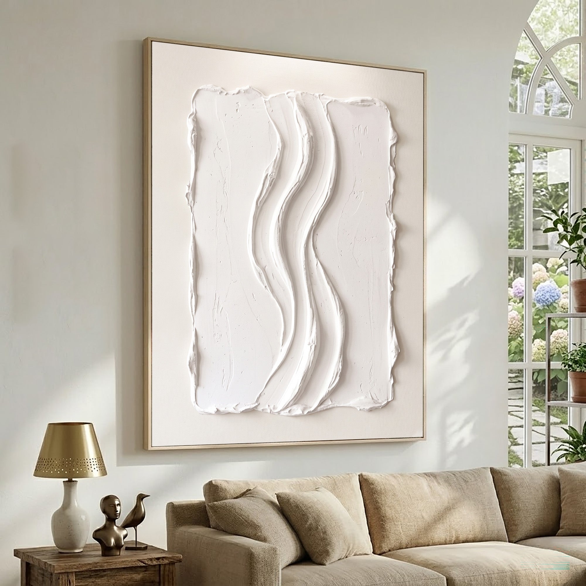 Large White Textured Wall Art Abstract Oil Painting Vertical Flow Sculpture Minimalist Modern Contemporary Interior Decor
