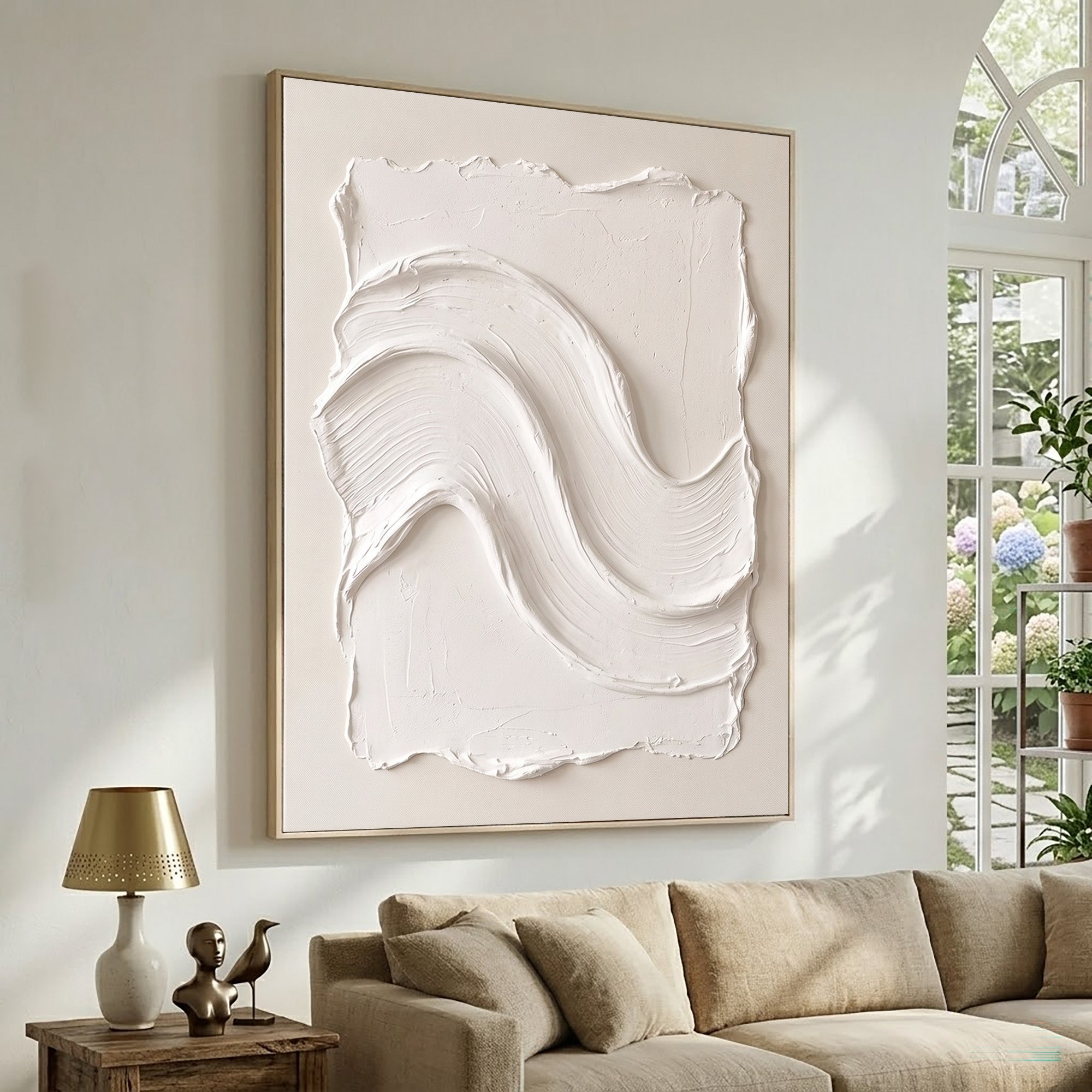 Large White Abstract Wall Art Textured Oil Painting Organic Wave Sculpture Minimalist Luxury Modern Interior Decoration