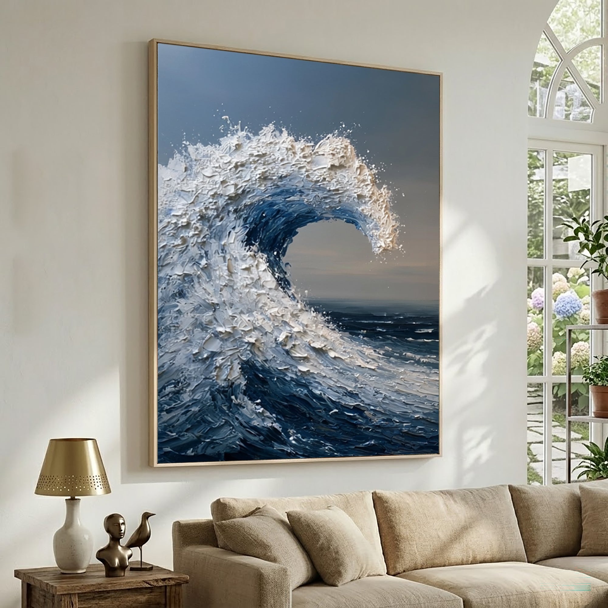 Large Coastal Ocean Wave Wall Art Textured Oil Painting Blue Sea Artwork Modern Beach House Decor Luxury Interior Design
