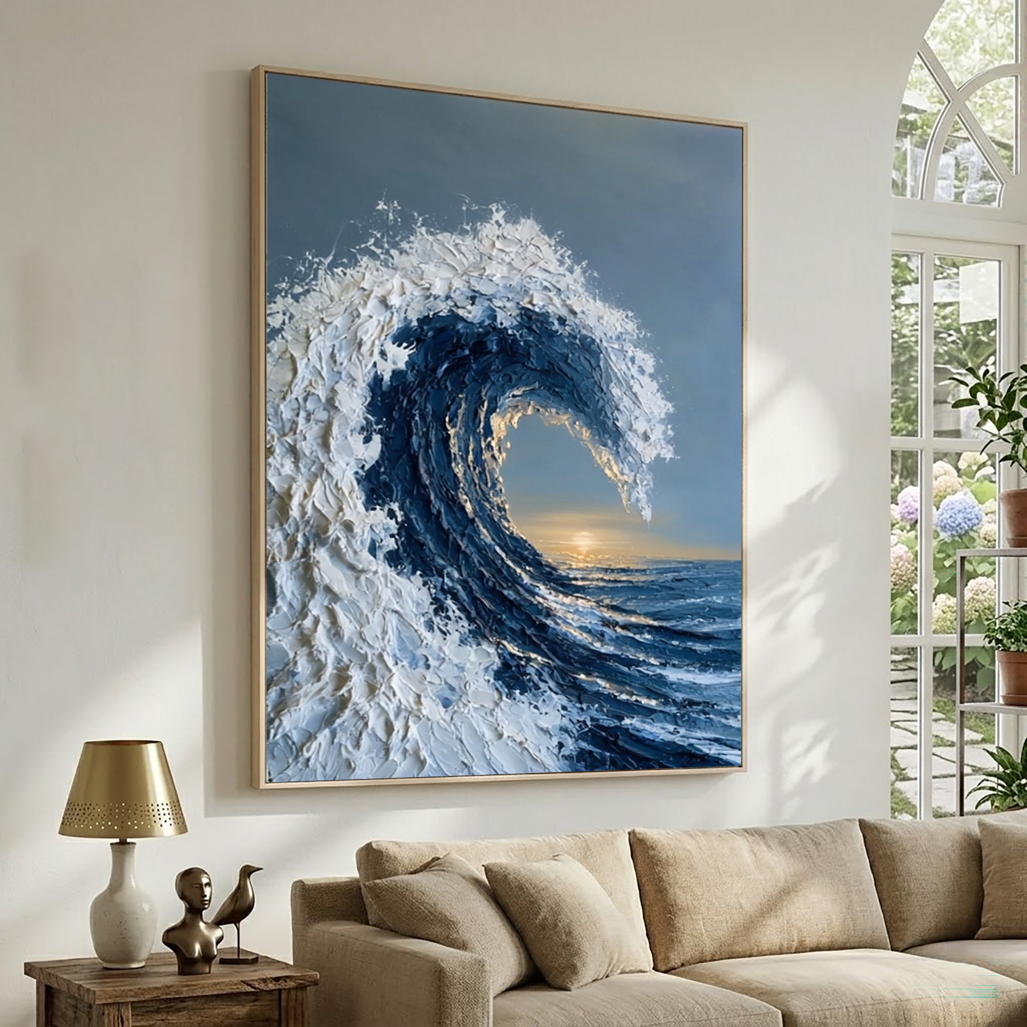 Large Ocean Wave Wall Art Textured Oil Painting Coastal Seascape Golden Horizon Blue Sea Abstract Artwork Modern Luxury Decor