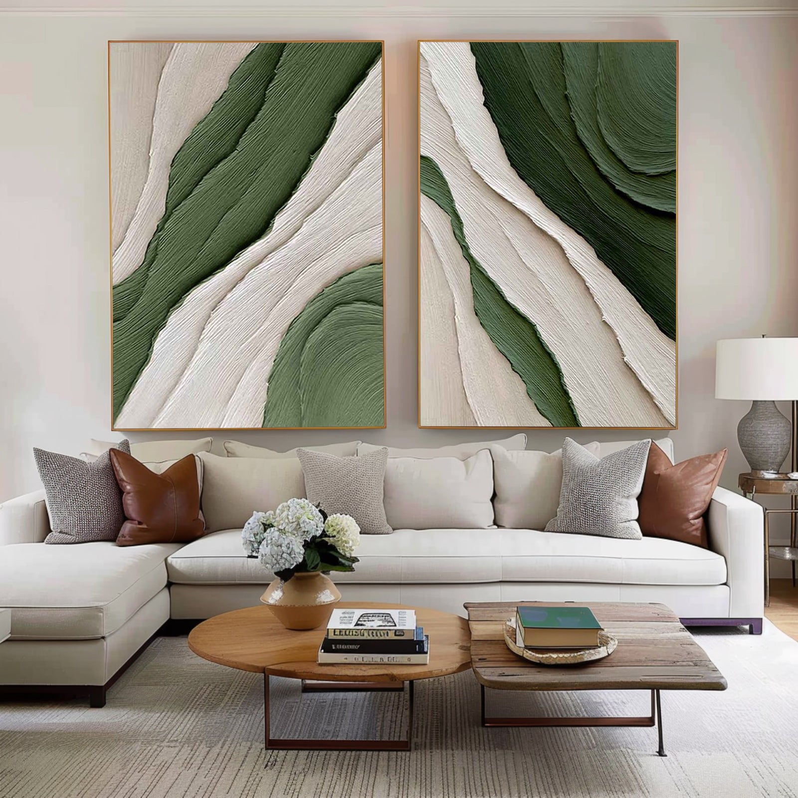 Earthy Green Abstract Diptych Wall Art - Modern Textured Home Decor #BGS 002