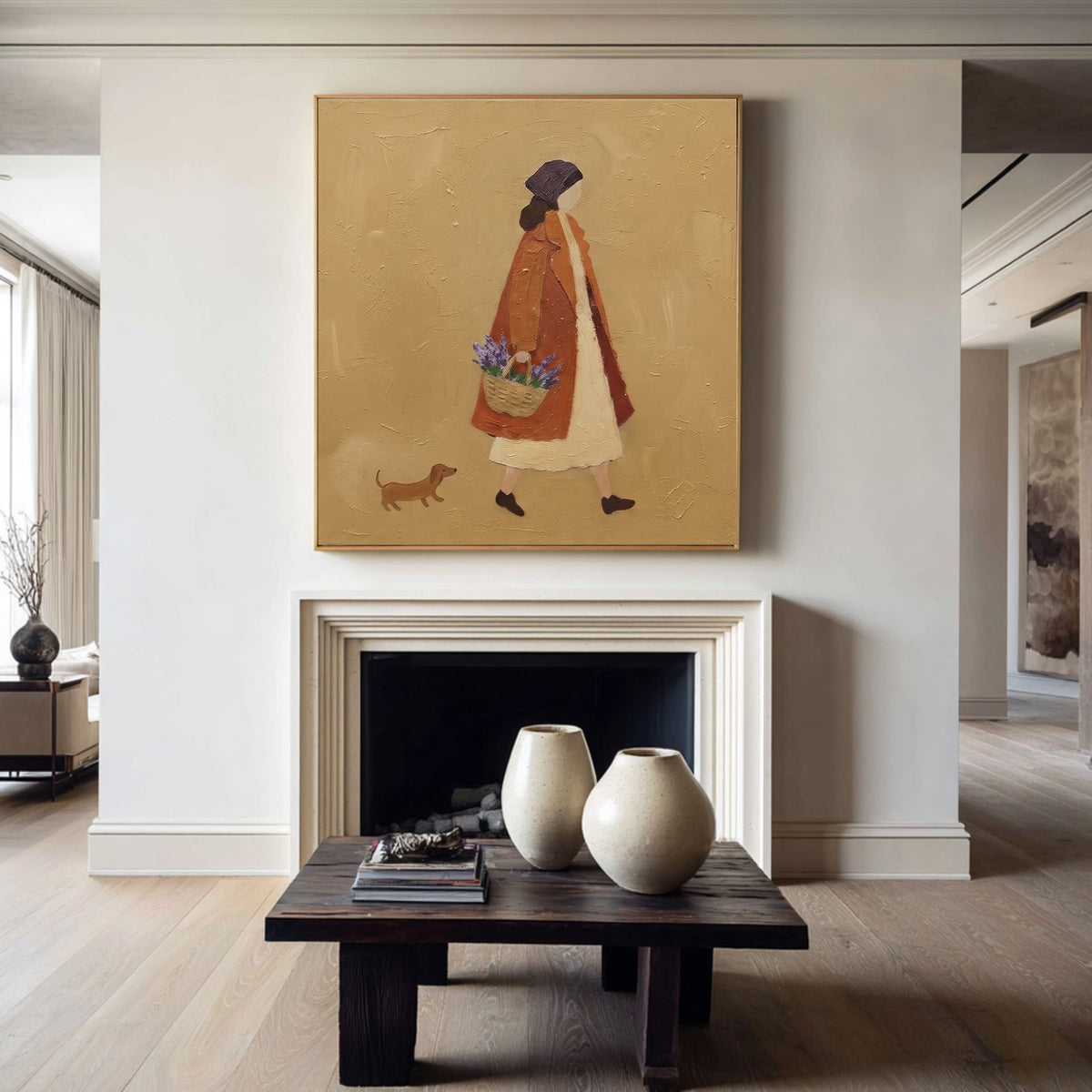 The Girl With The Flower Basket Original Figurative Painting Woman Dog Rustic French Country Wall Decor