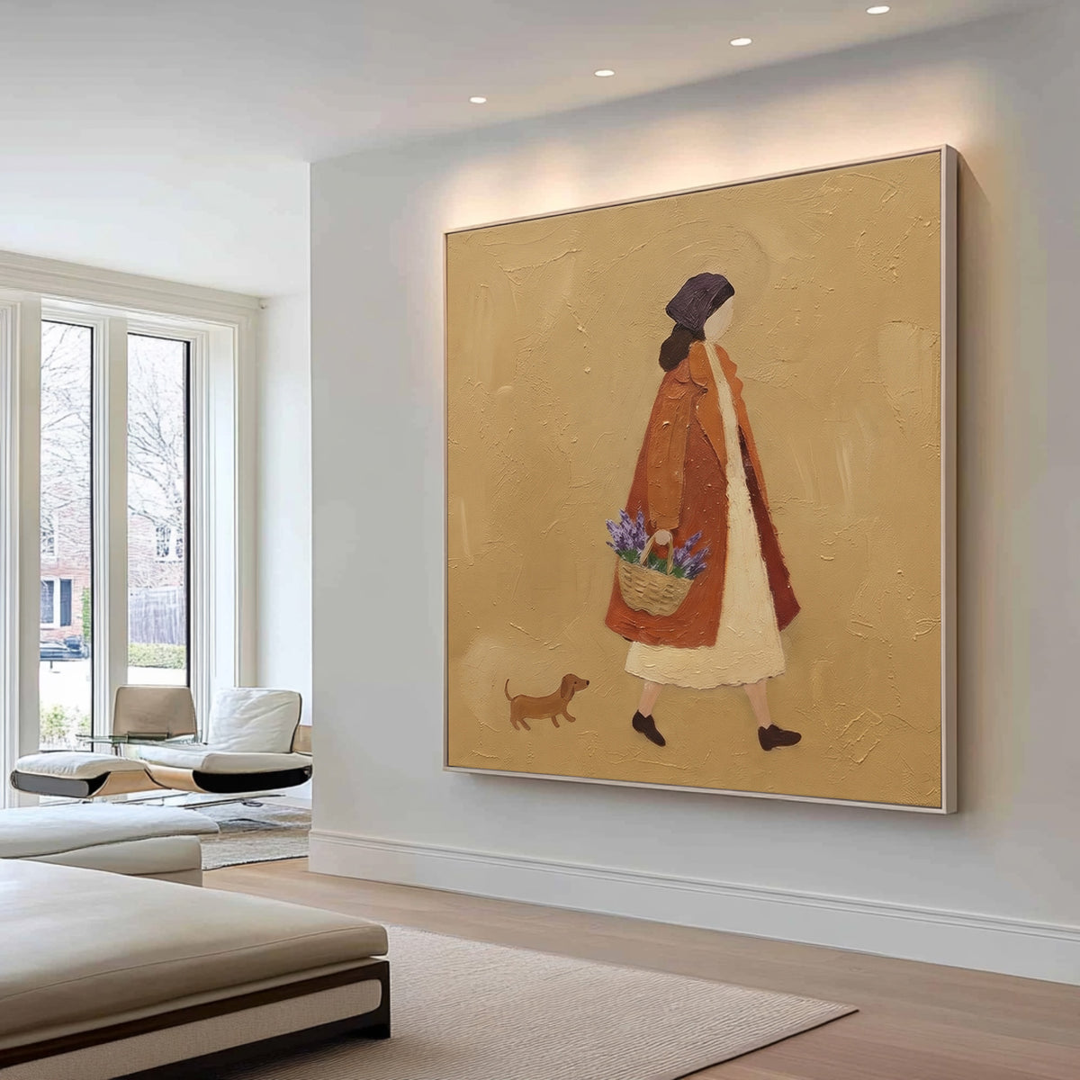 The Girl With The Flower Basket Original Figurative Painting Woman Dog Rustic French Country Wall Decor