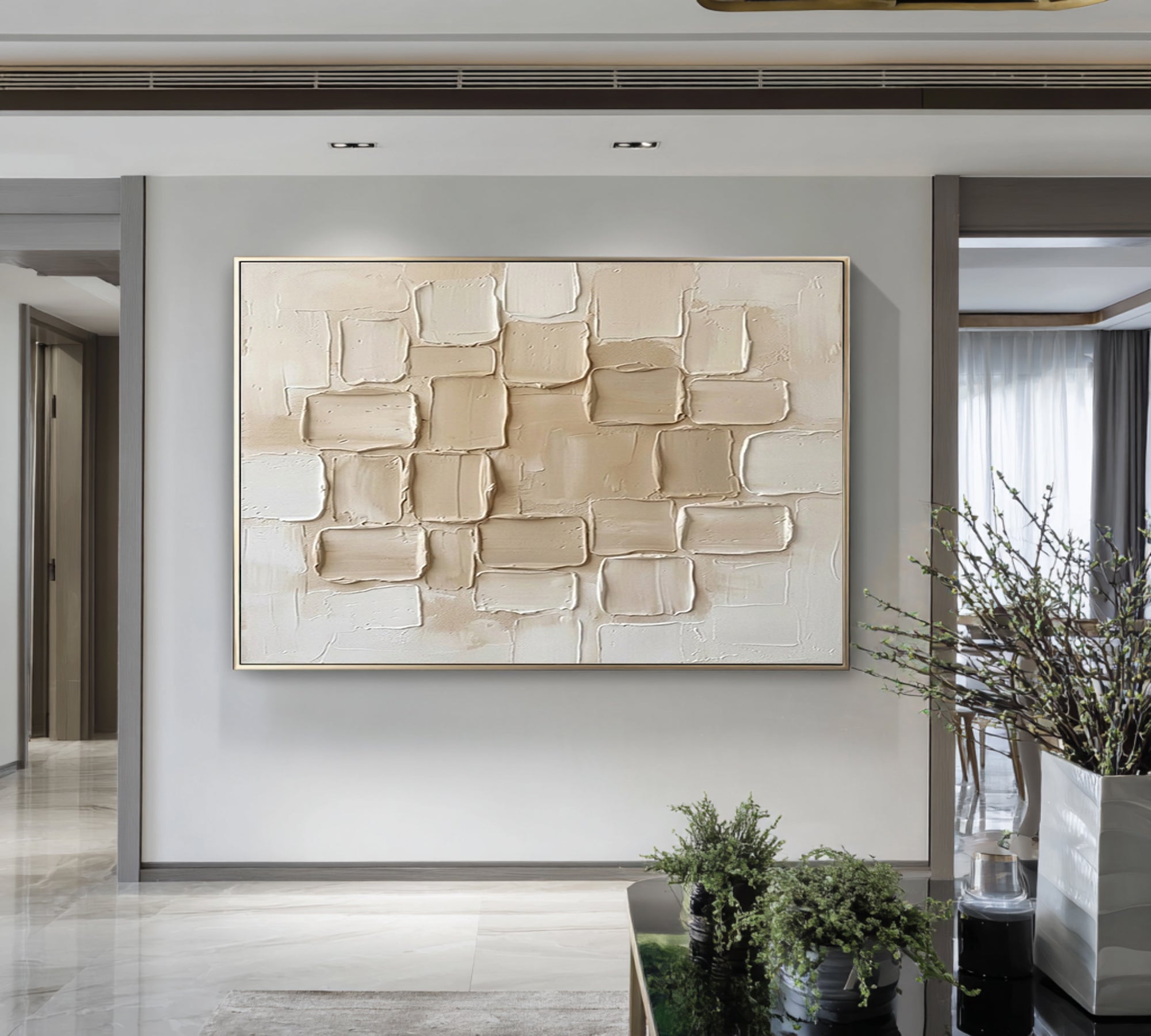 Large Neutral Textured Blocks Wall Art Modern Abstract Canvas Decor