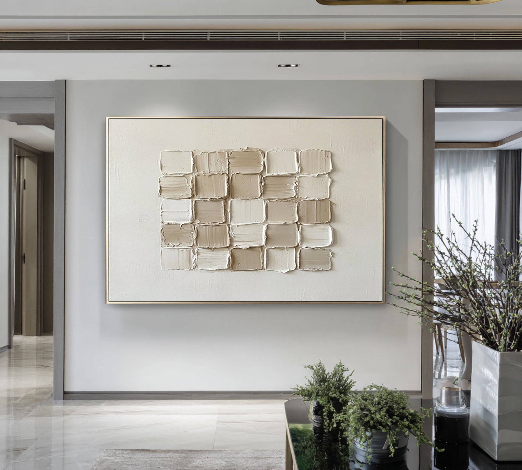 Large Beige Geometric Texture Wall Art Hand Painted Modern Canvas